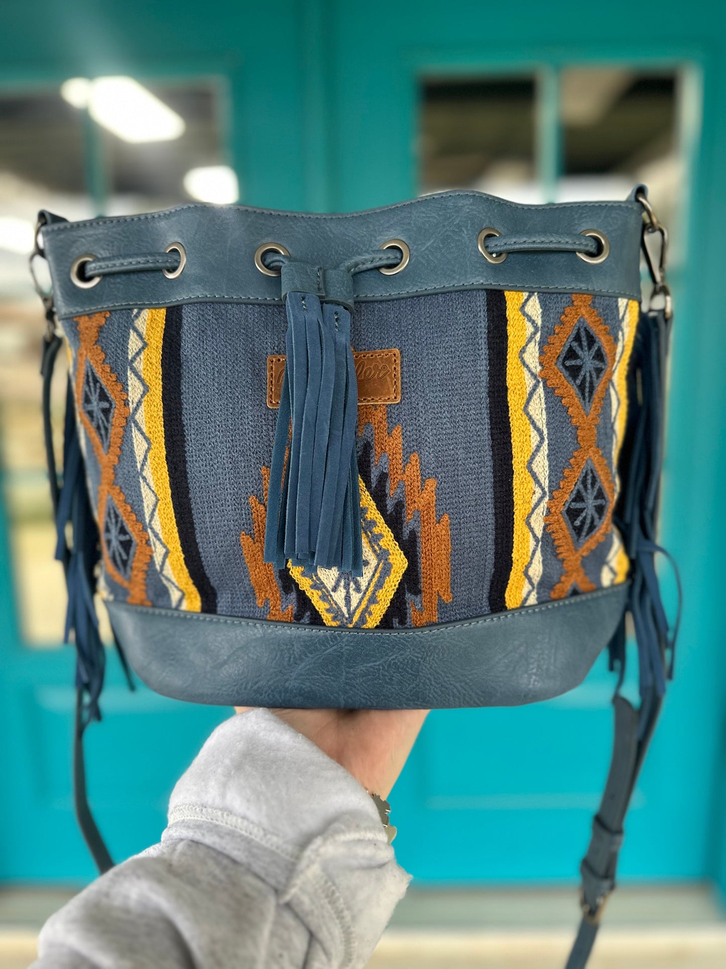 Blue Aztec Wrangler Bucket Bag (FINAL SALE)