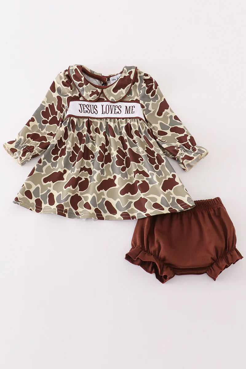 Camo Jesus Loves Me Smocked Girls Set