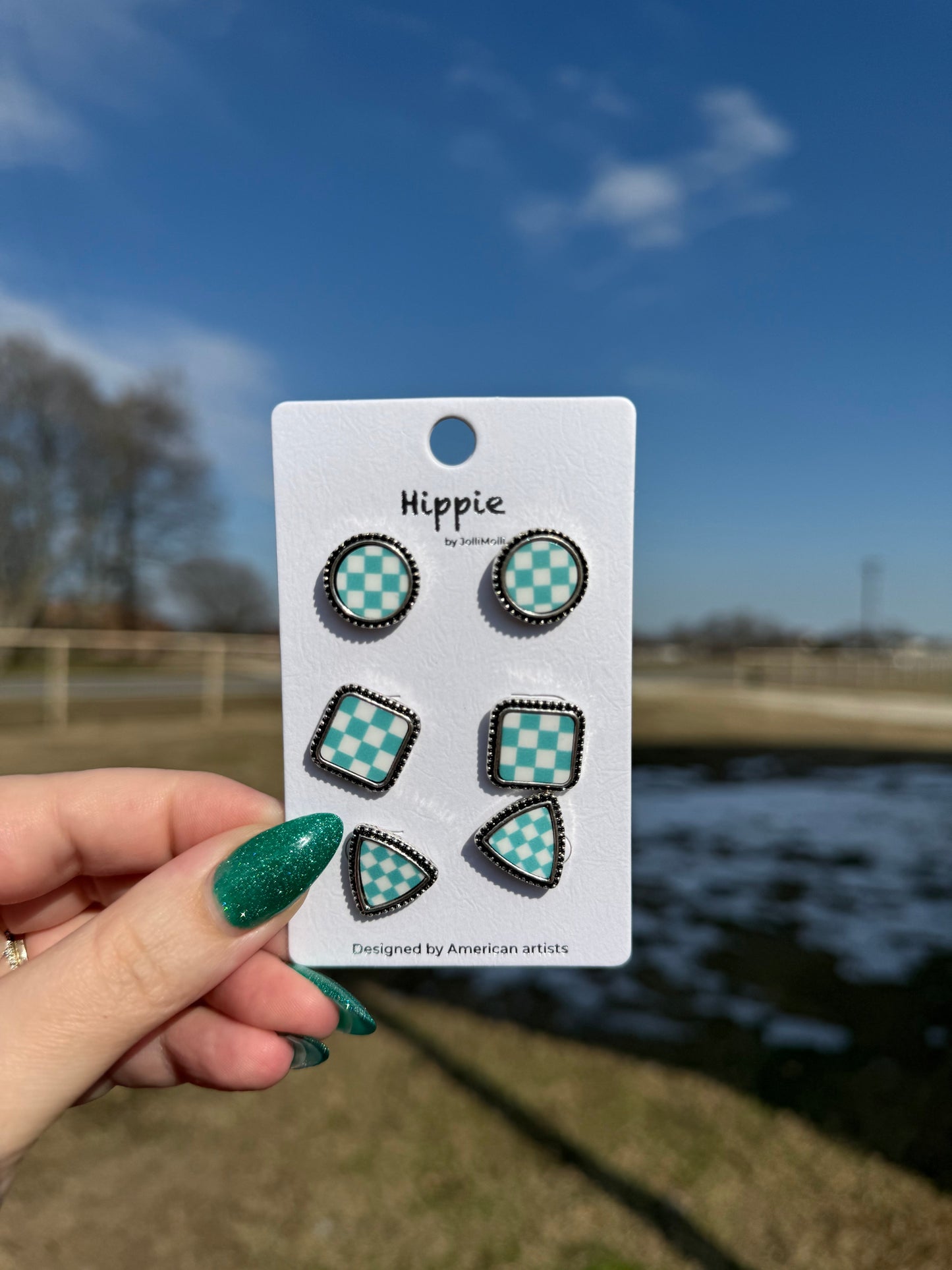 Teal Checkered Stud Earrings