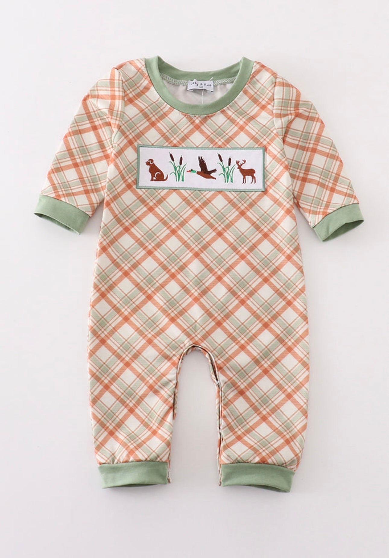 Green Boys Hunting Smocked Romper