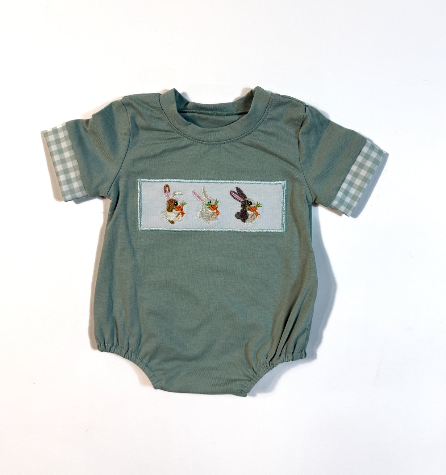 Boys Green Plaid Bunny Smocked Bubble Romper