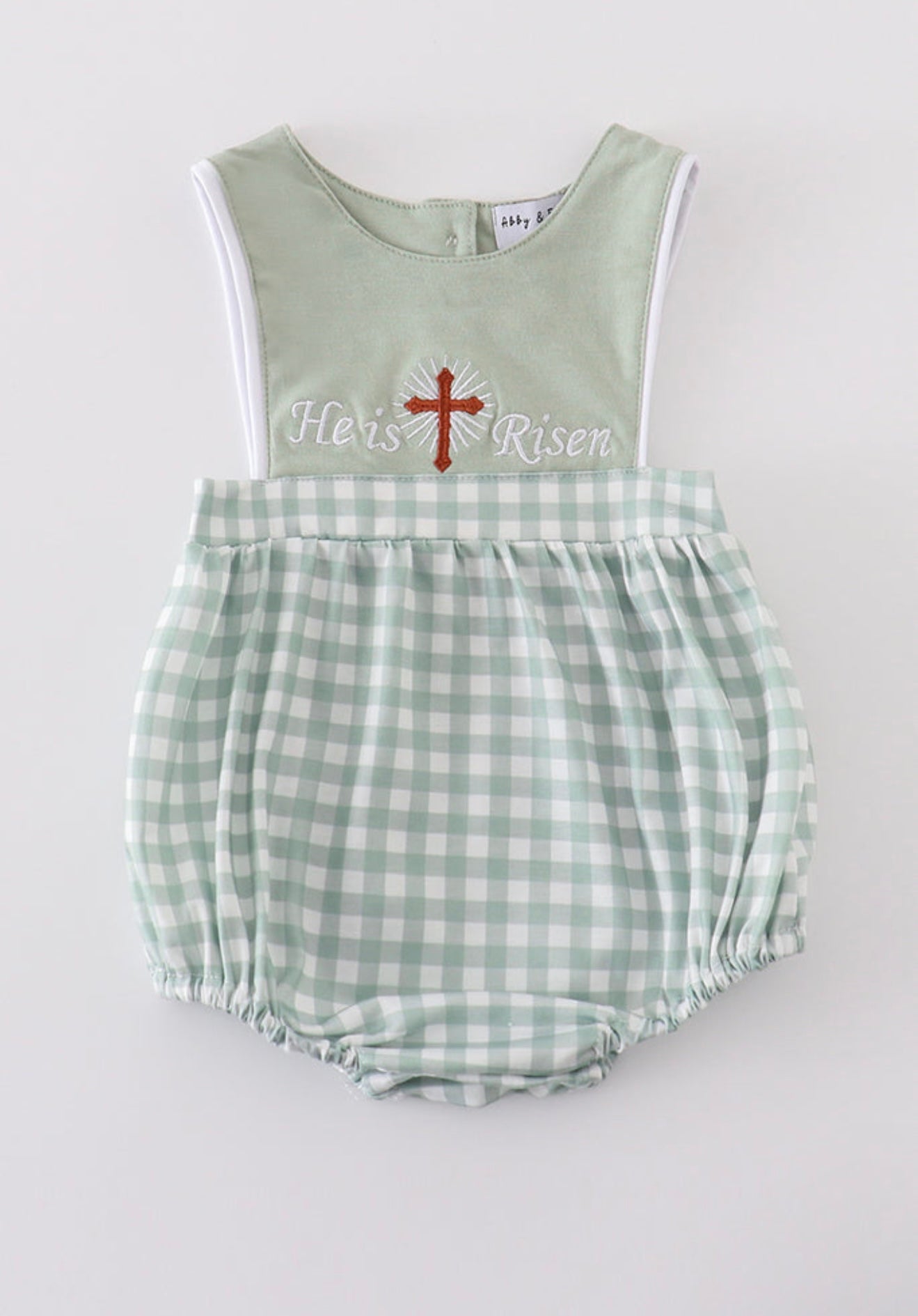 Sage He Has Risen Boys Smocked Bubble Romper