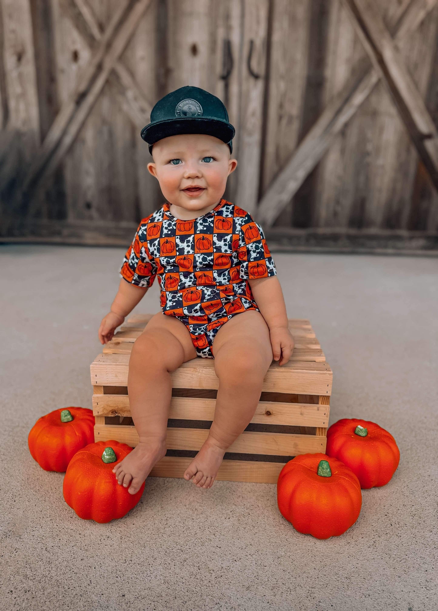 Size 12/18 Months Cow Print & Pumpkin Checks Bubble Romper (FINAL SALE)