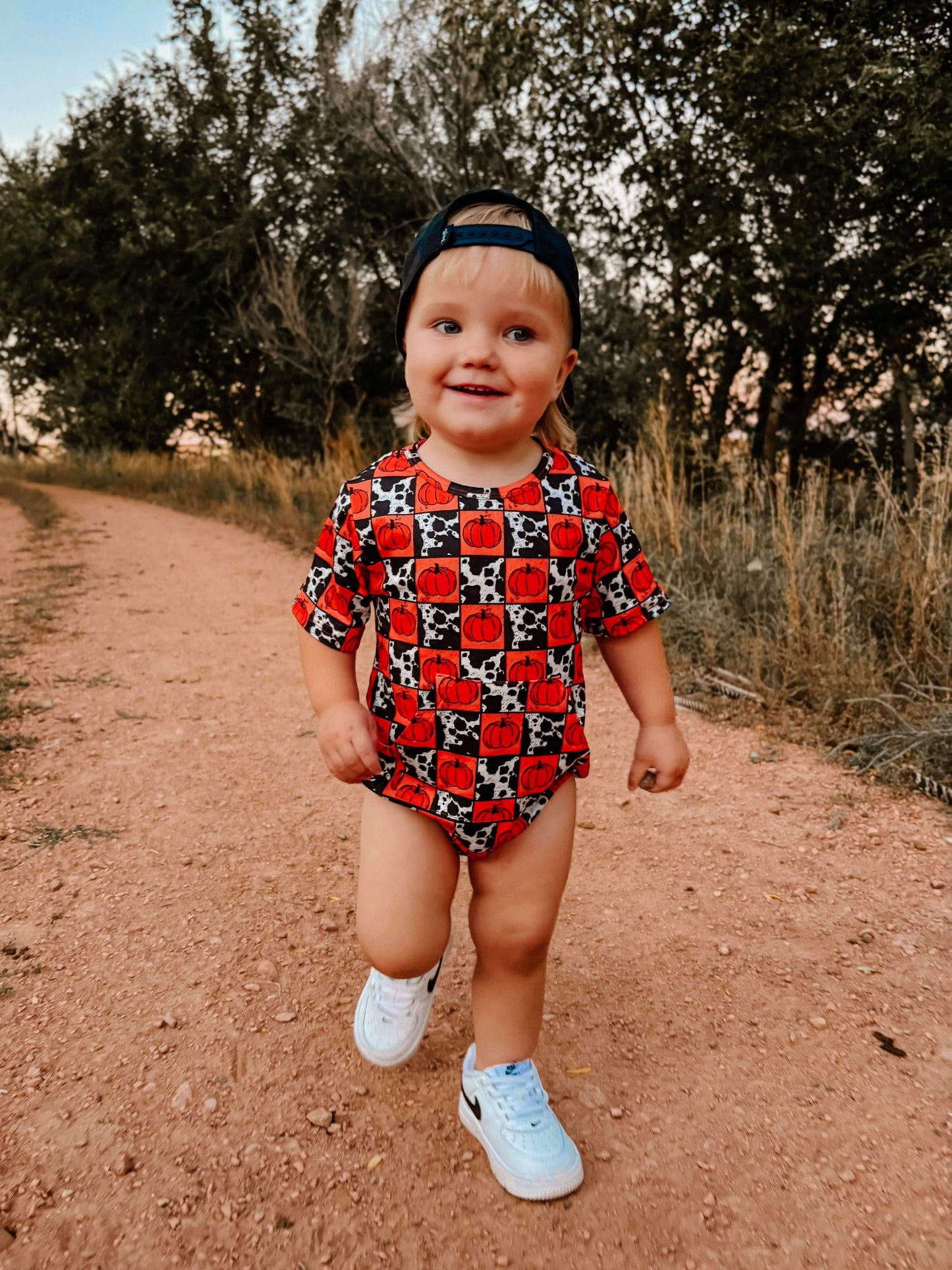Size 12/18 Months Cow Print & Pumpkin Checks Bubble Romper (FINAL SALE)
