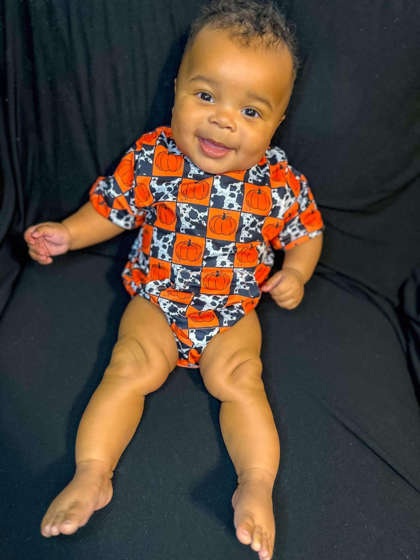 Size 12/18 Months Cow Print & Pumpkin Checks Bubble Romper (FINAL SALE)