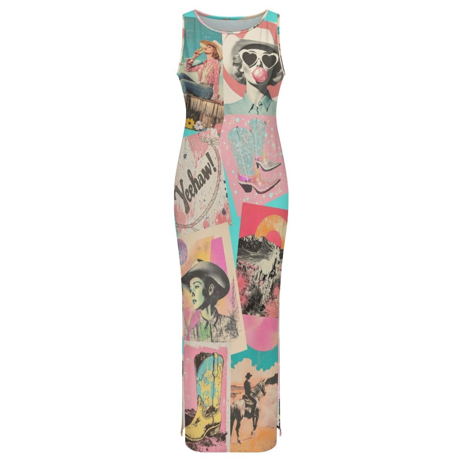 Baha Ranch Retro Pop Western Bodycon Side Slit Maxi Dress