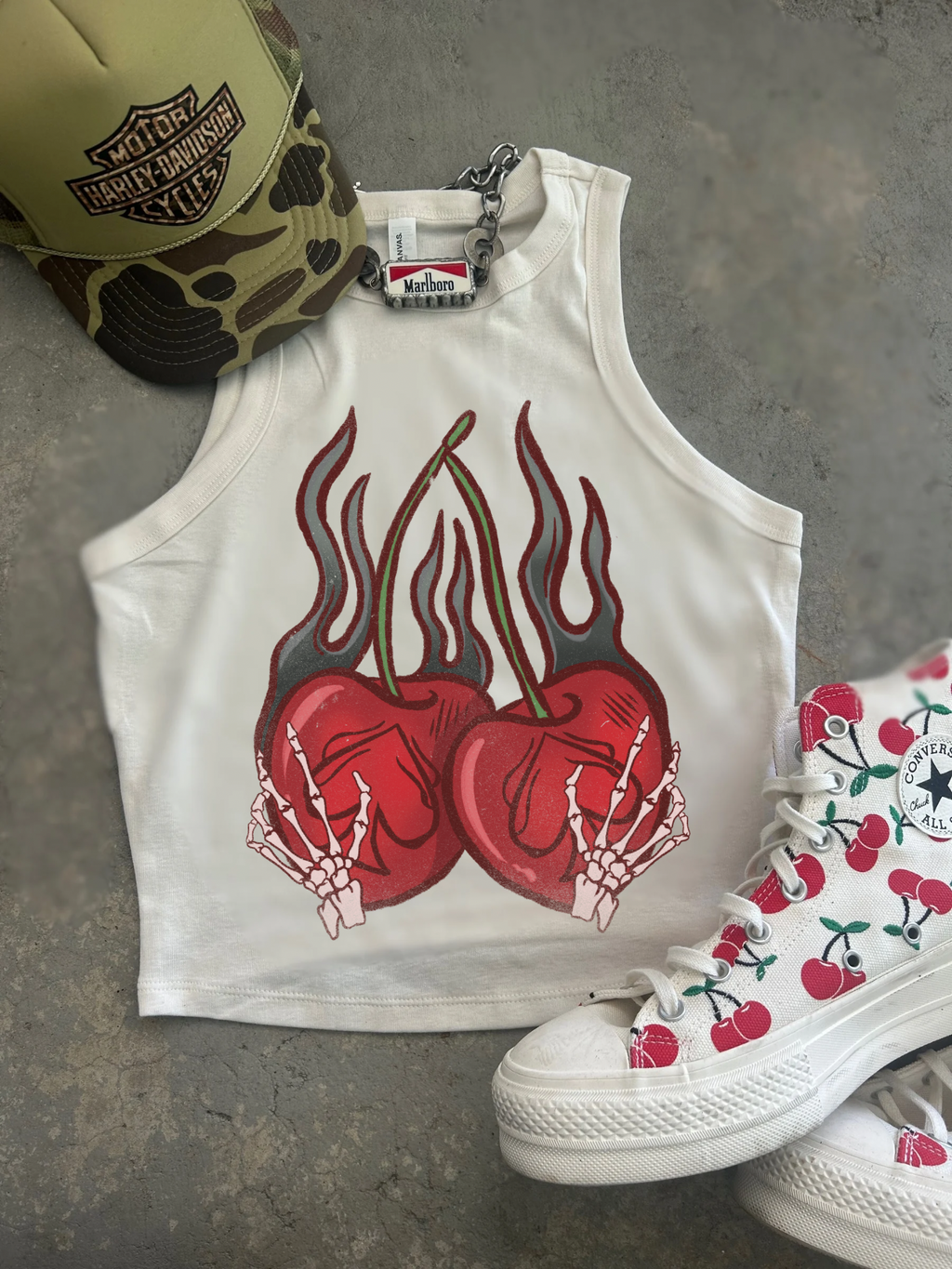 Grunge Cherries Ribbed Racer Tank