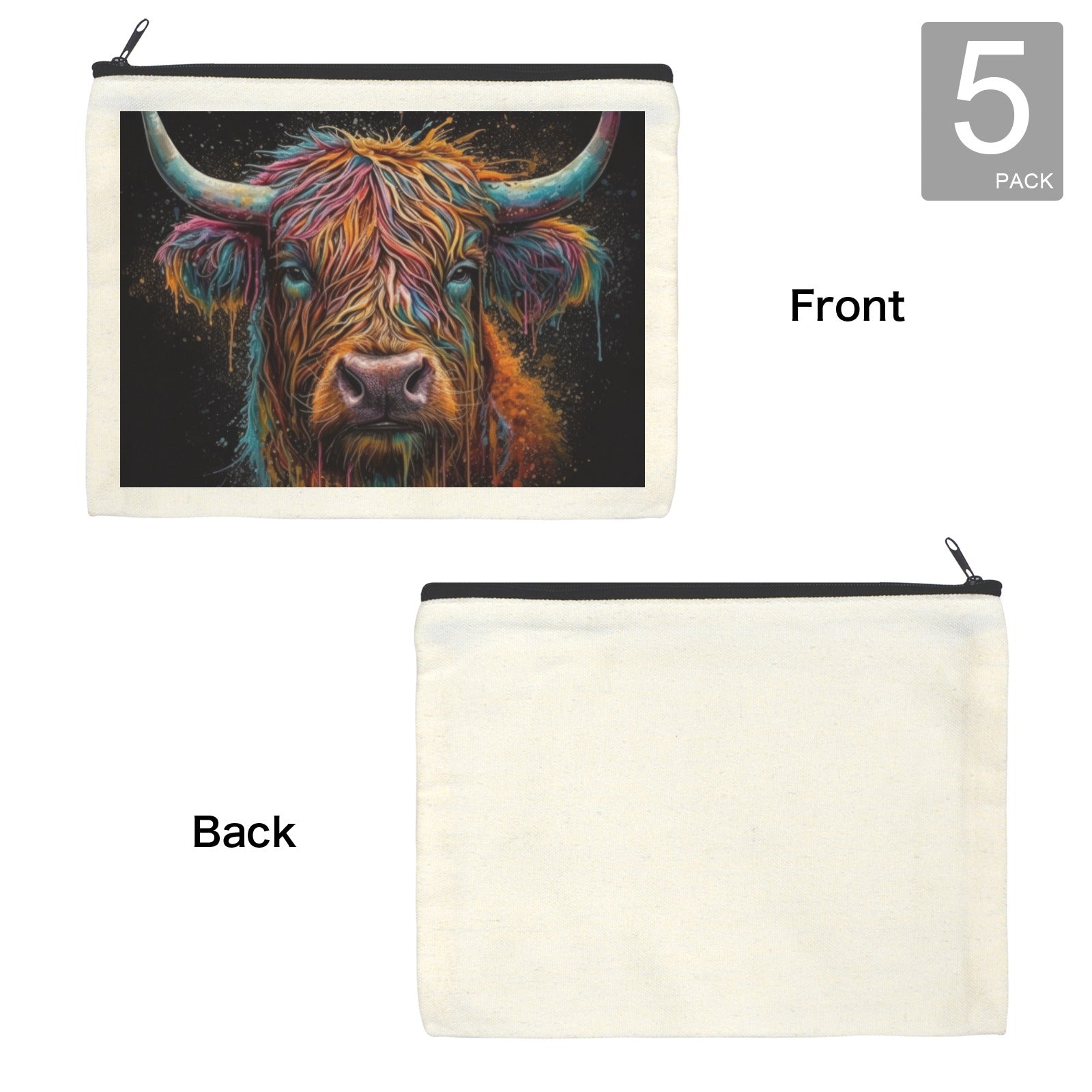 Painted Highland Cow Cosmetic Bag Pack of 5 Made in America