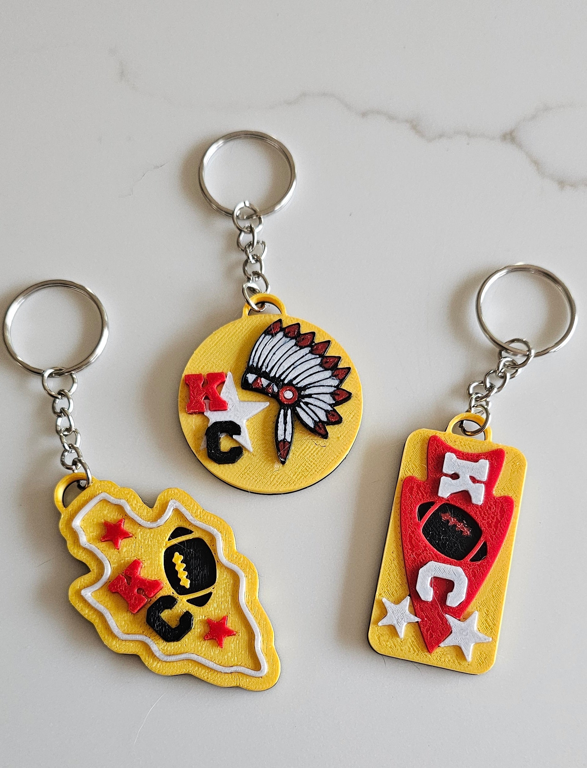 Set of 3 3D Print Chiefs Arrowhead Kc Kansas City Football Keychains Made in America