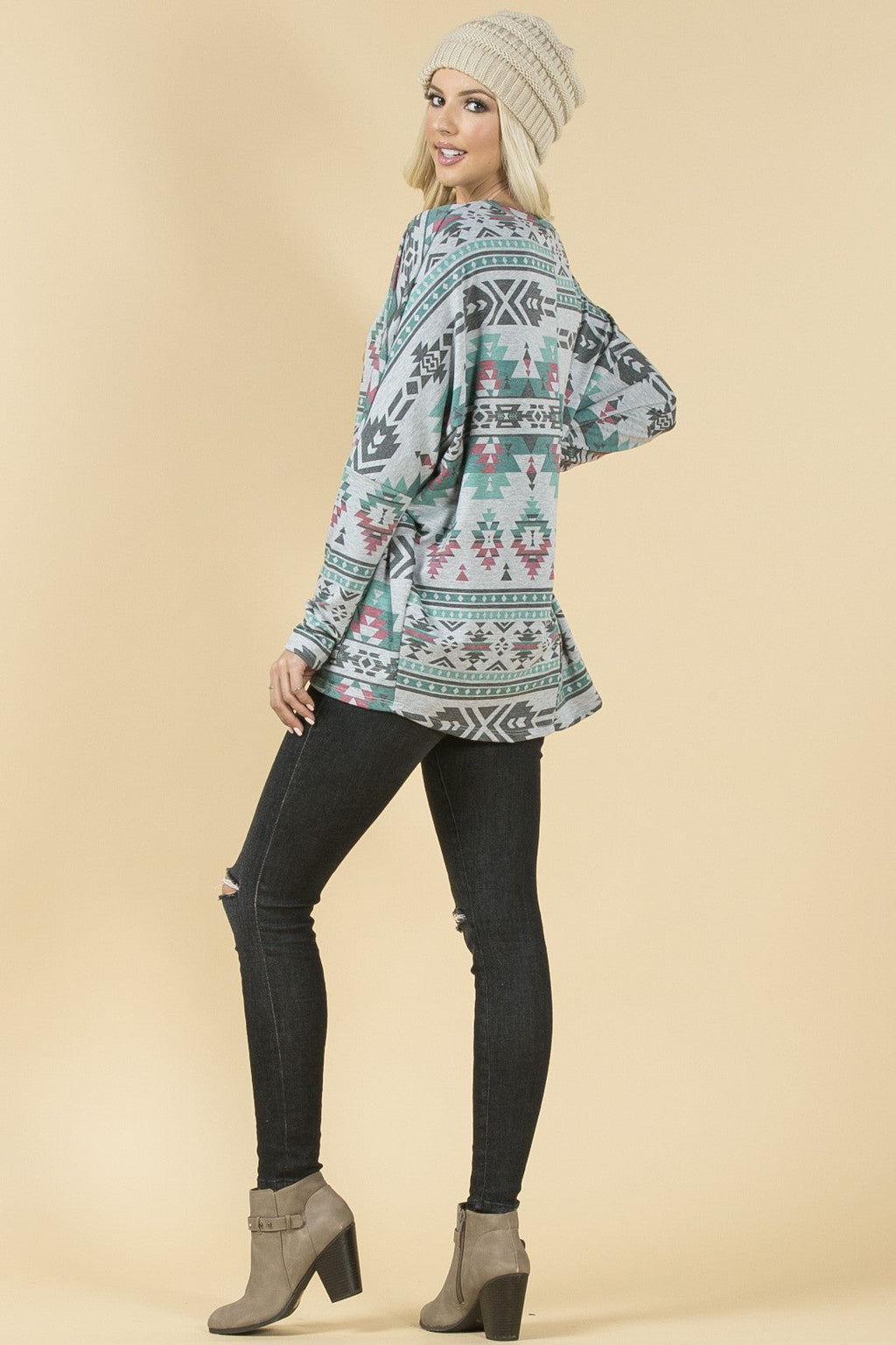 Smoky Mountain Gray Aztec Print Tunic with Pockets Made in America