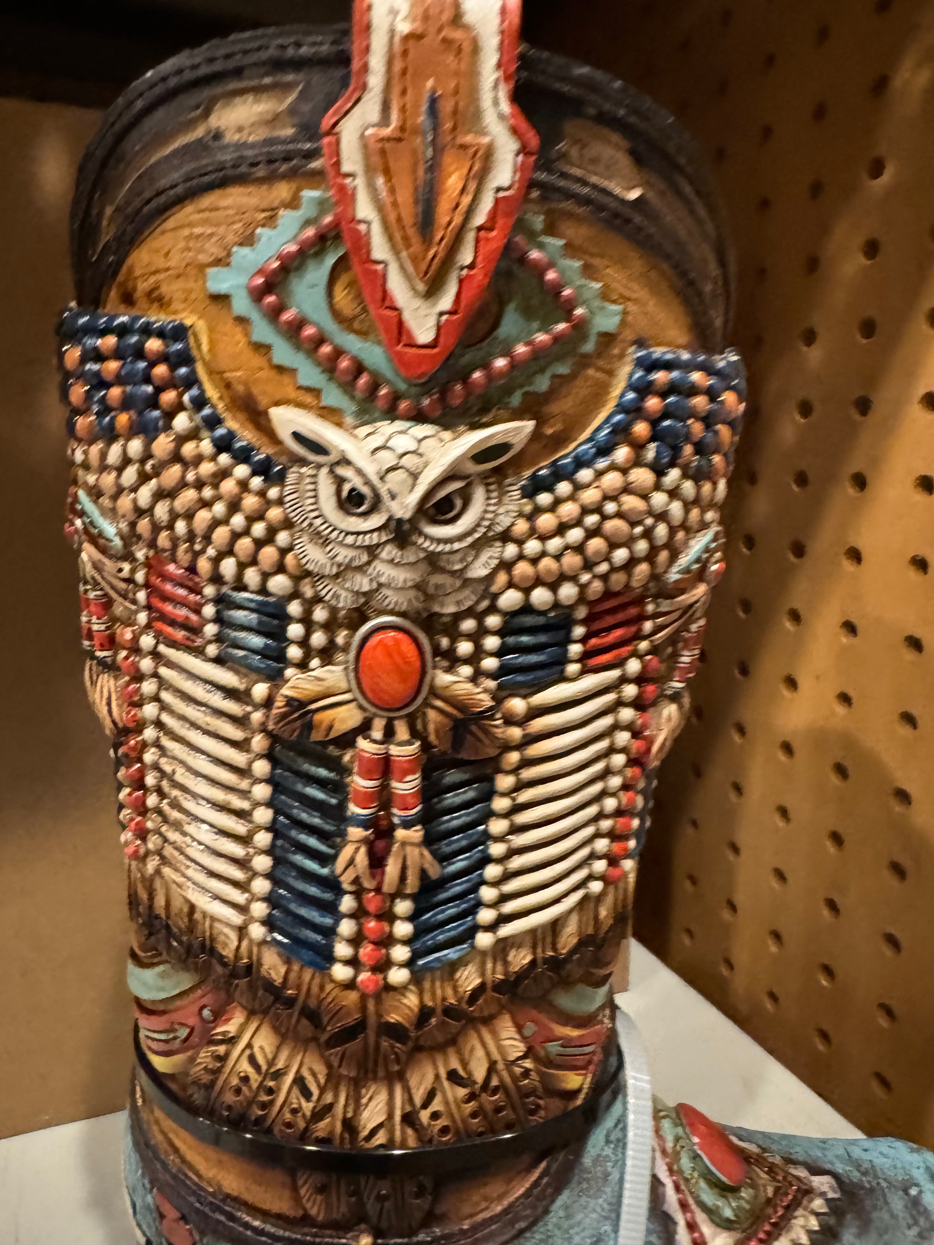 Native Owl Beaded Boot Vase