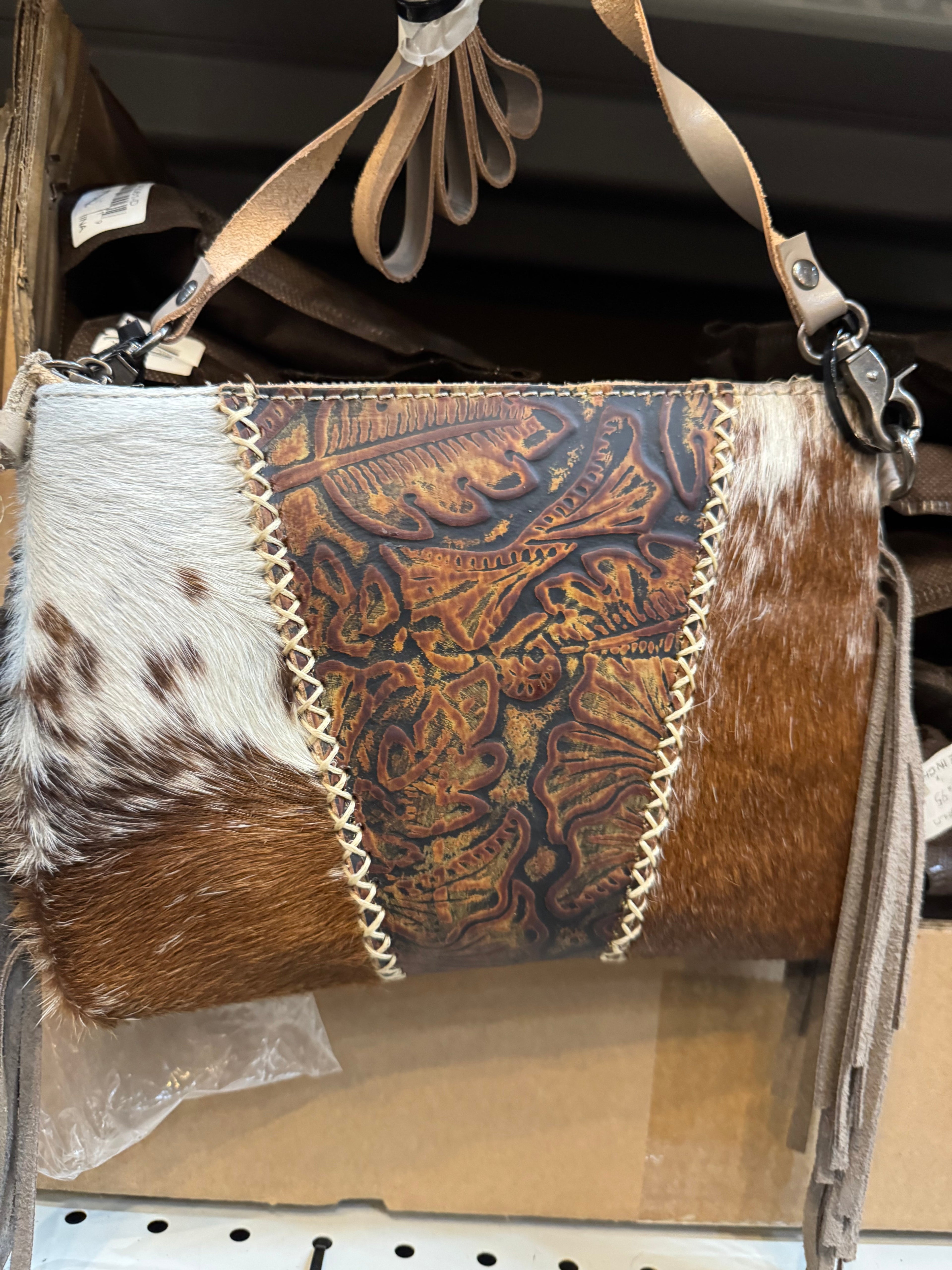 Tooled Floral Fringe Crossbody Purse