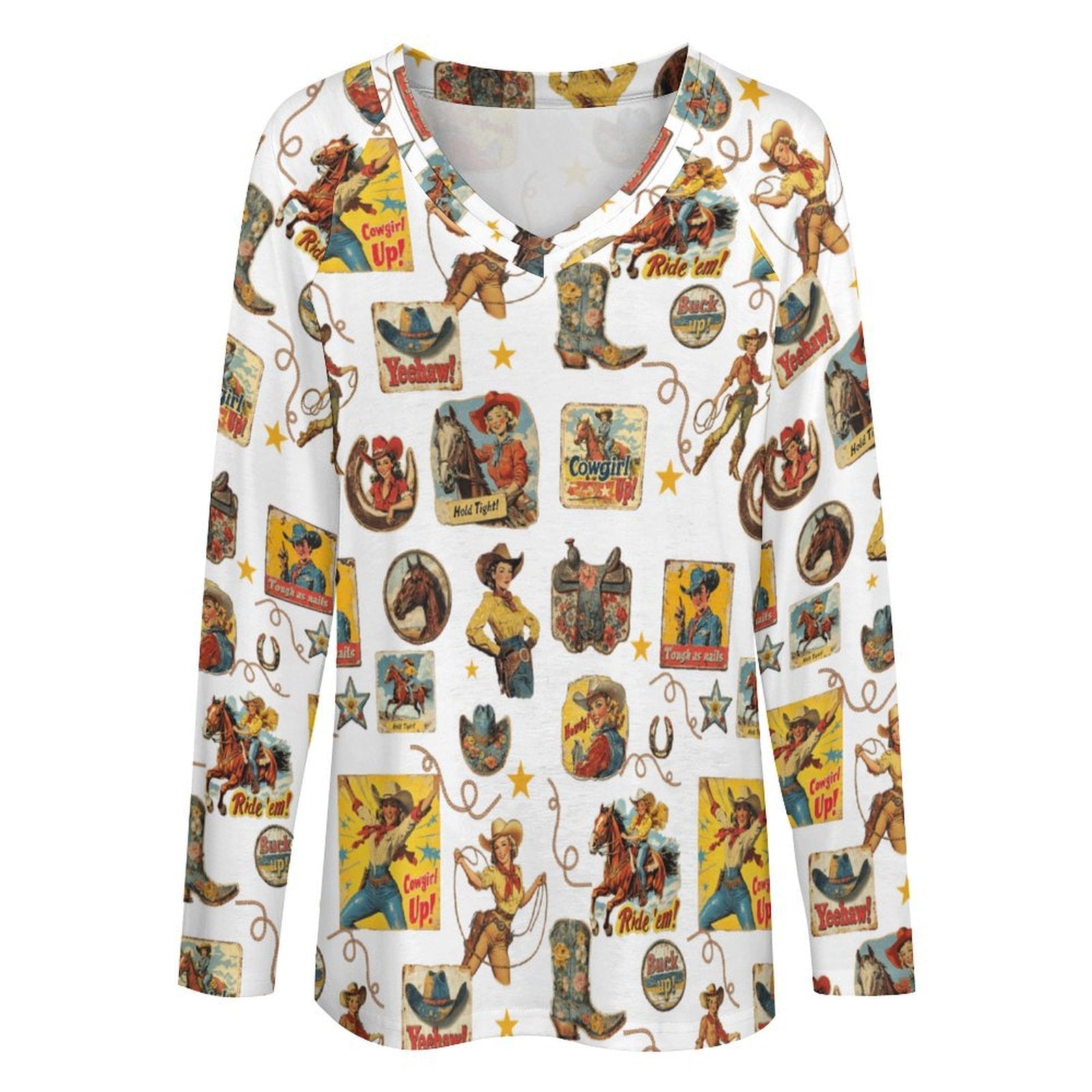 Baha Ranch Vintage Cowgirl Collage Western Print Long Sleeve Top