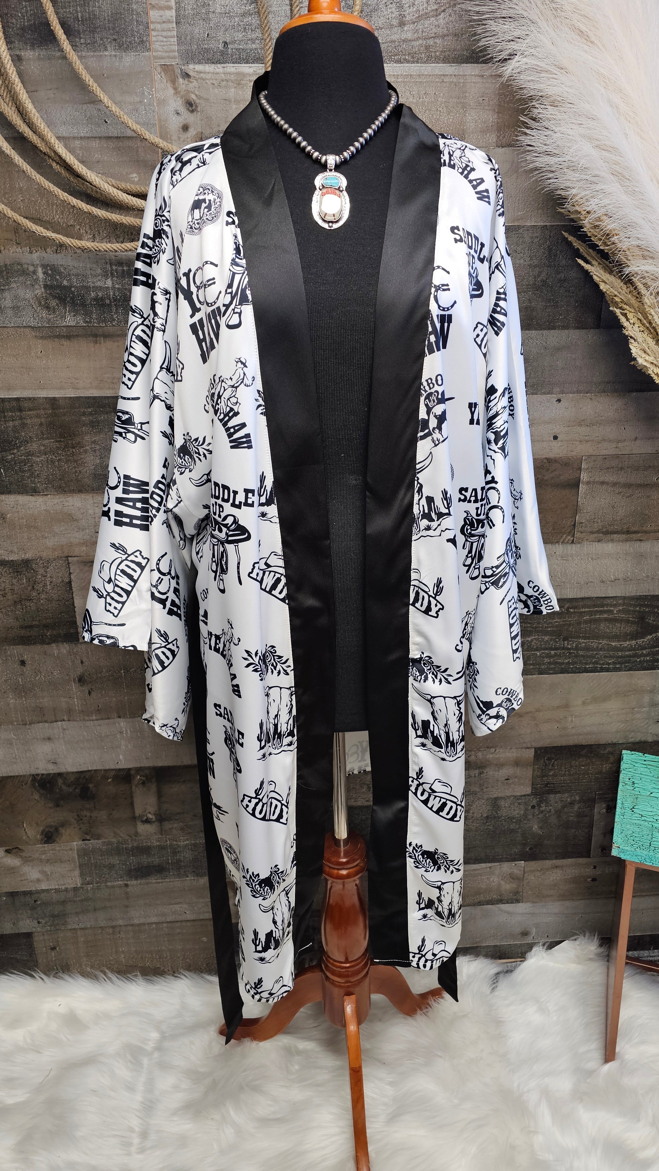 Cowboy Print Western Satin Kimono Robe