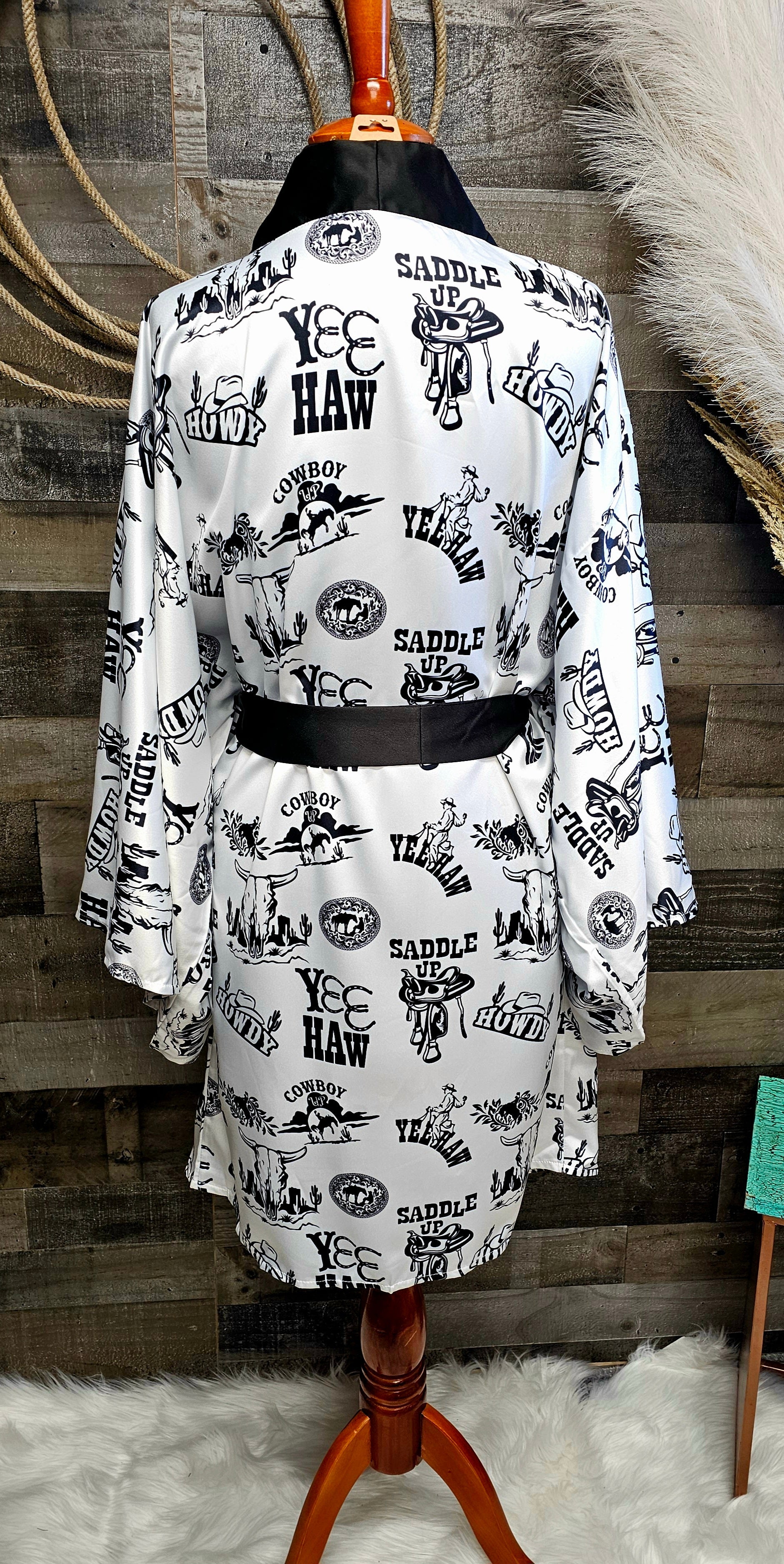Cowboy Print Western Satin Kimono Robe