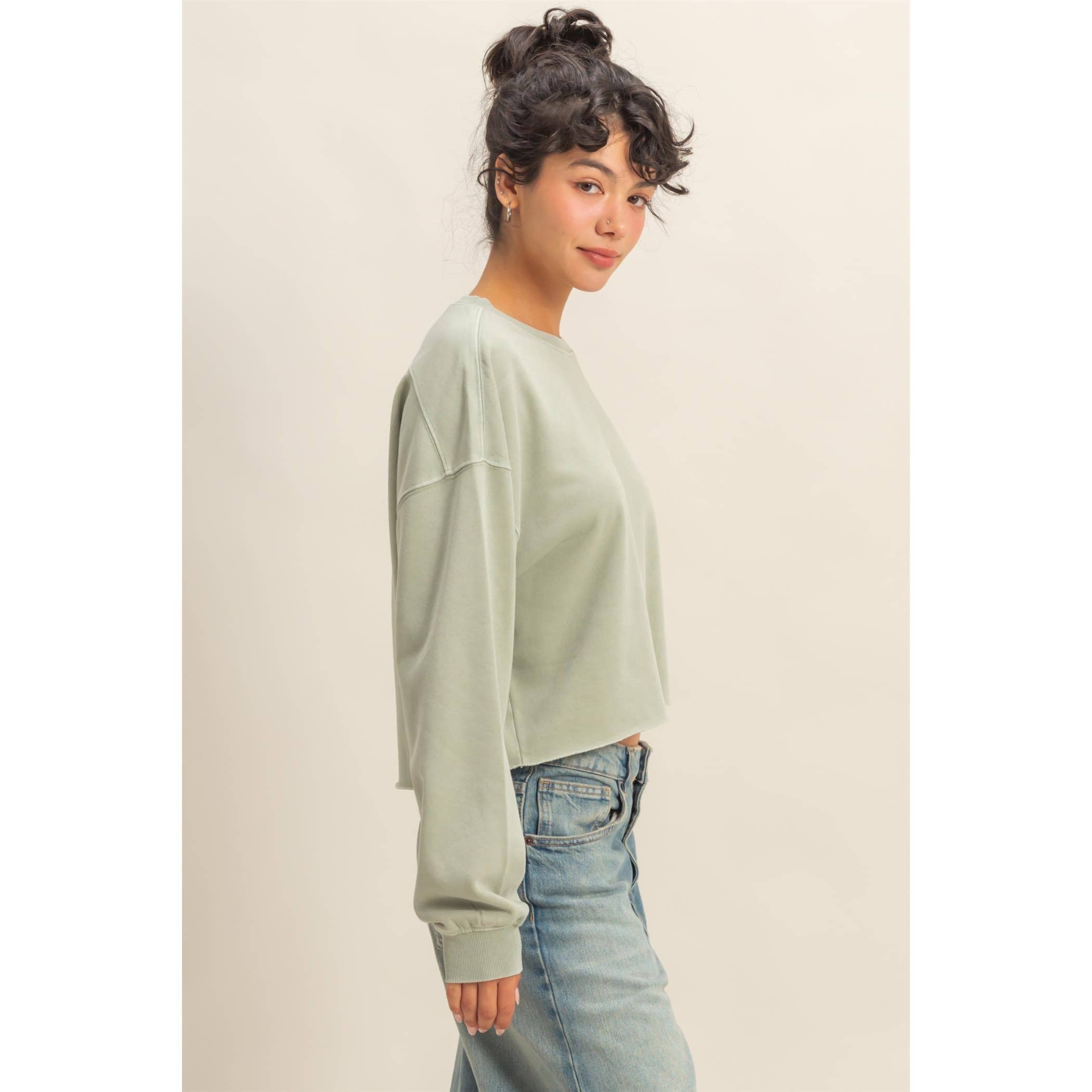 Cropped Crewneck Sweatshirt With Oversized Sleeves