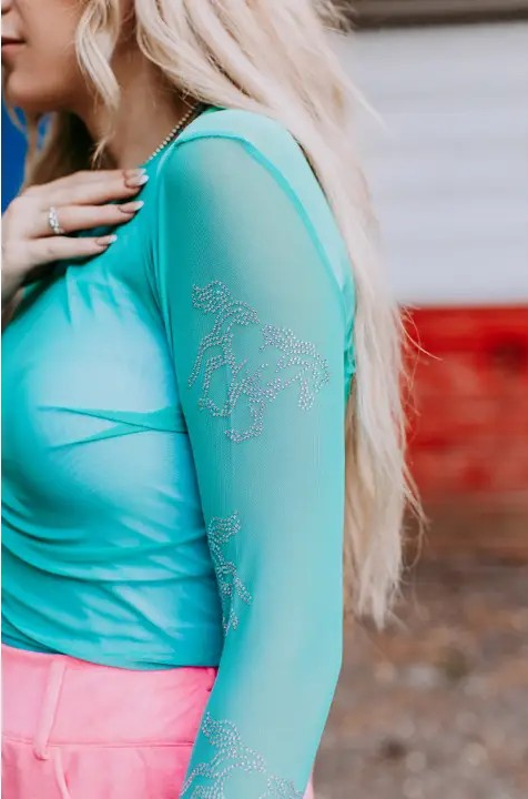 Turquoise Rodeo Rhinestone Mesh Top