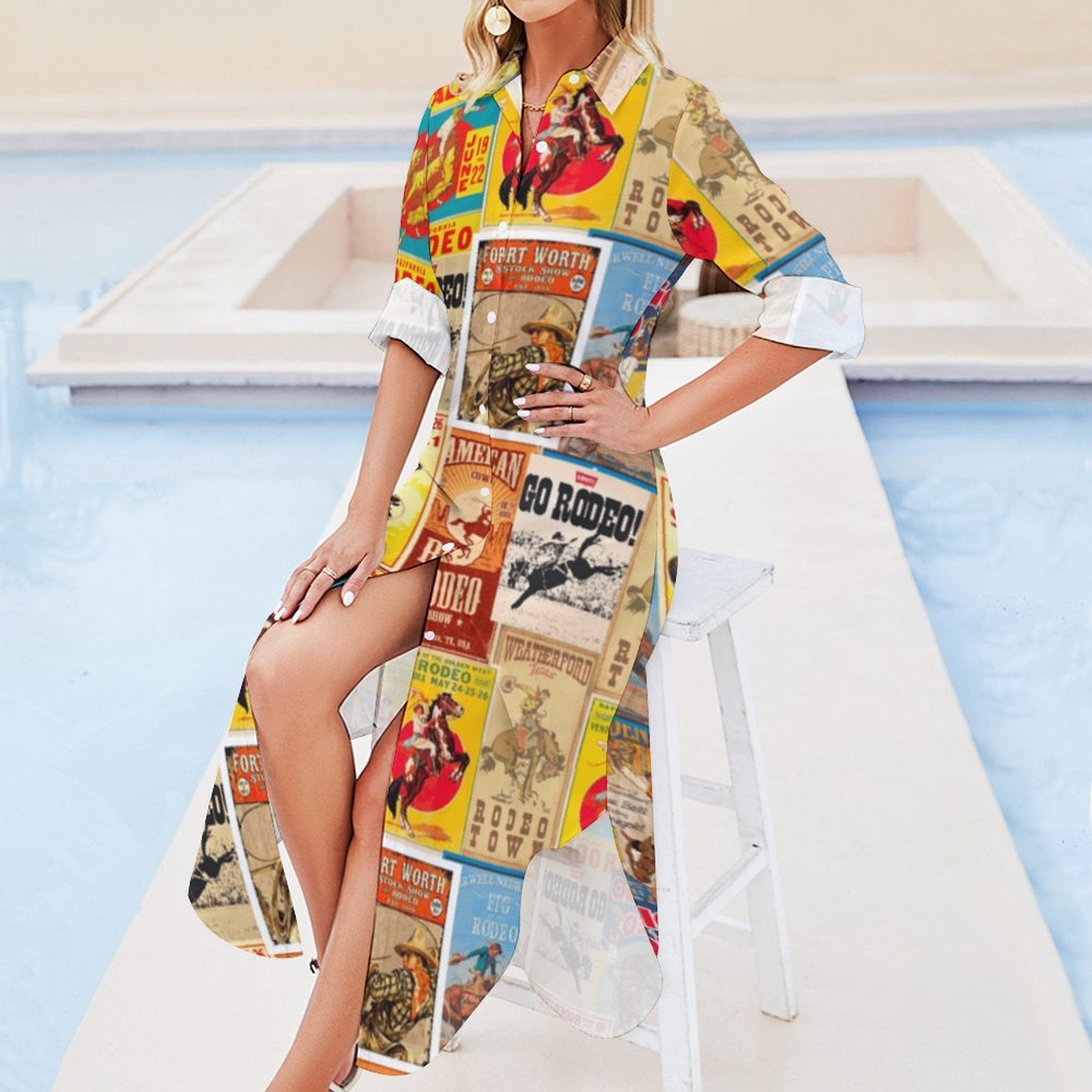 Vintage Rodeo Poster Button-Up Long Sleeve Shirt Duster Dress