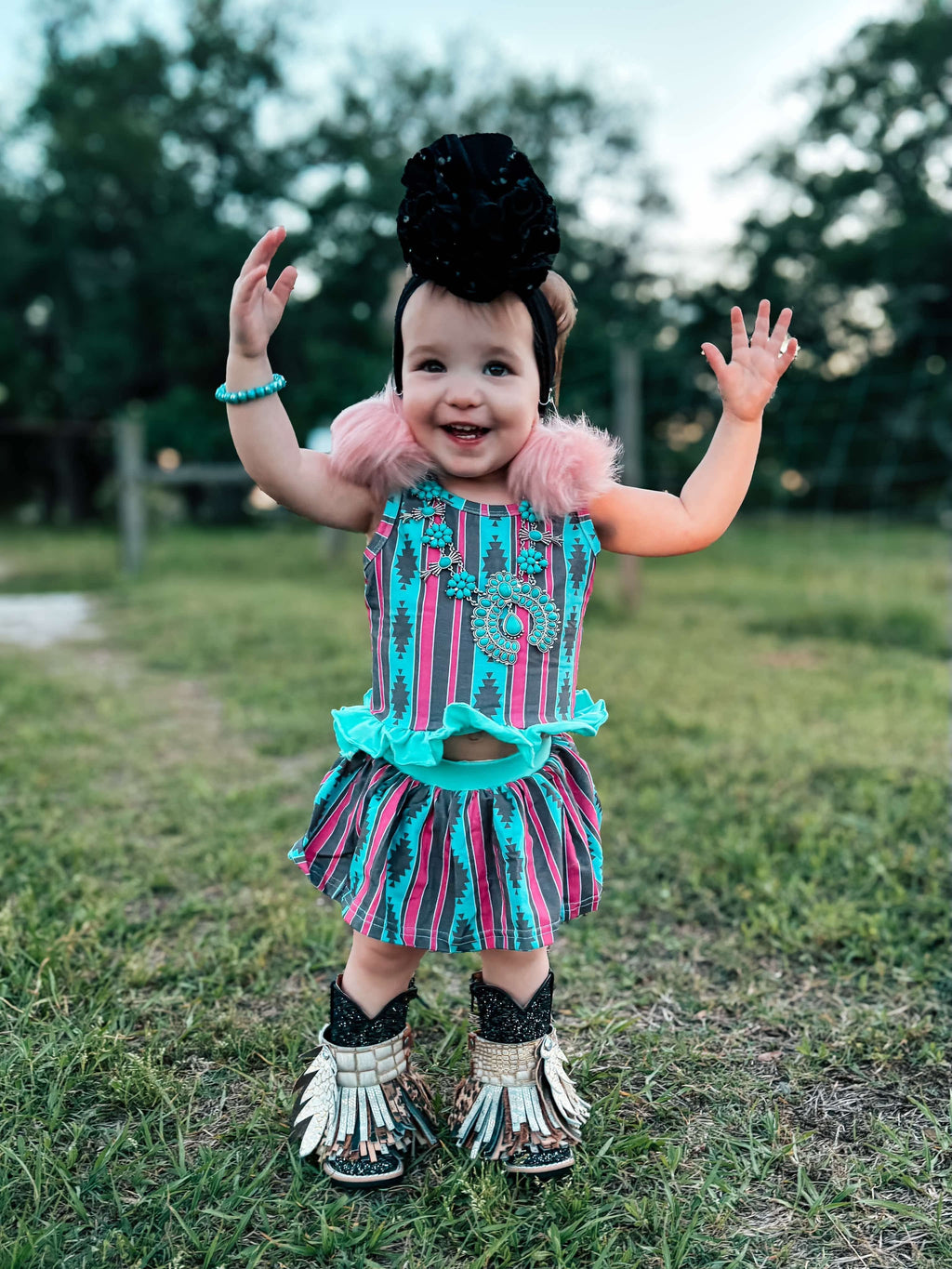 Pink & Teal Aztec Skirted Ruffle Set