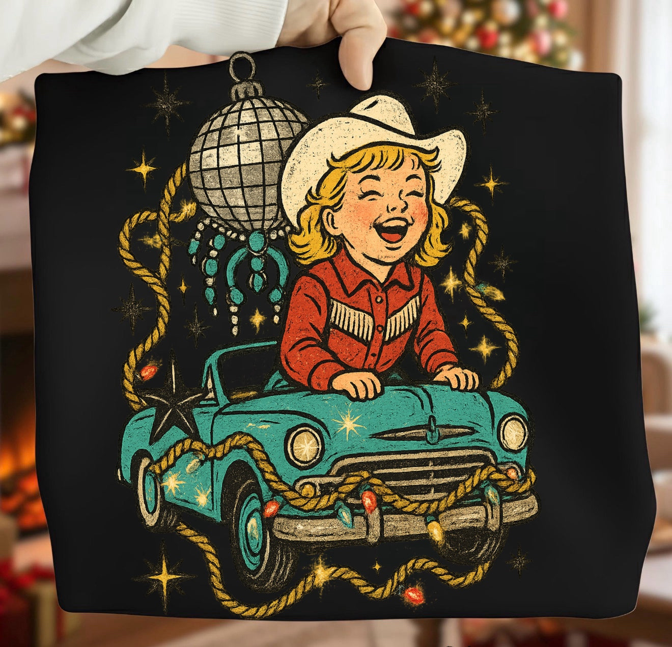 Boujee Cowgirl Disco Car Christmas Shirt – Graphic Tee, Long Sleeve & Crewneck
