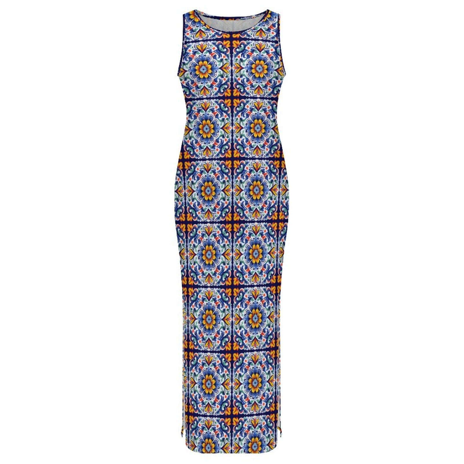 Baha Ranch Colores de Mexico Talavera Sleeveless Bodycon Side Slit Long Dress
