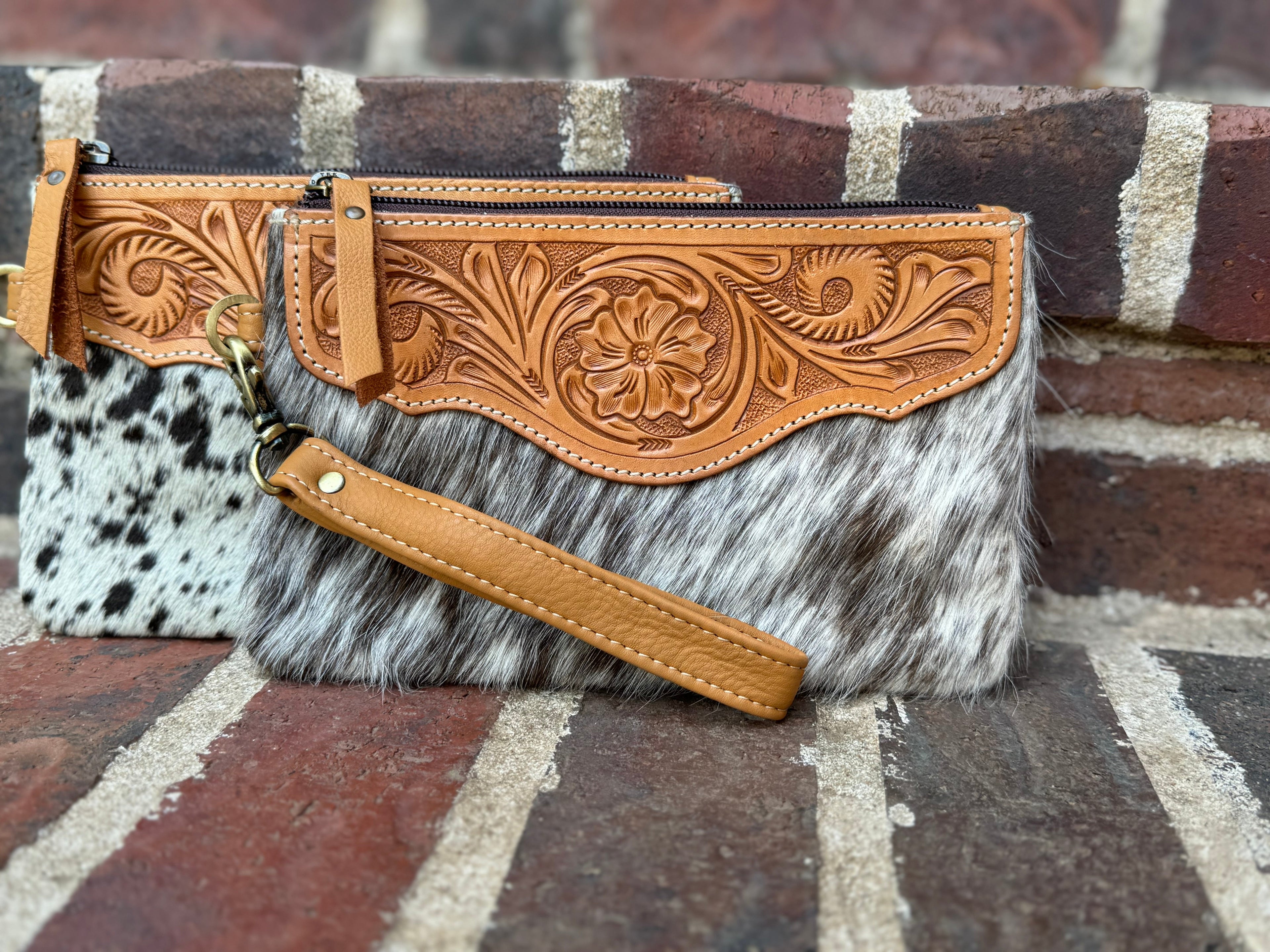 Cowhide & Tooled Leather Wristlet