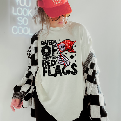 Queen of ignoring red flags faux embroidery T-shirt