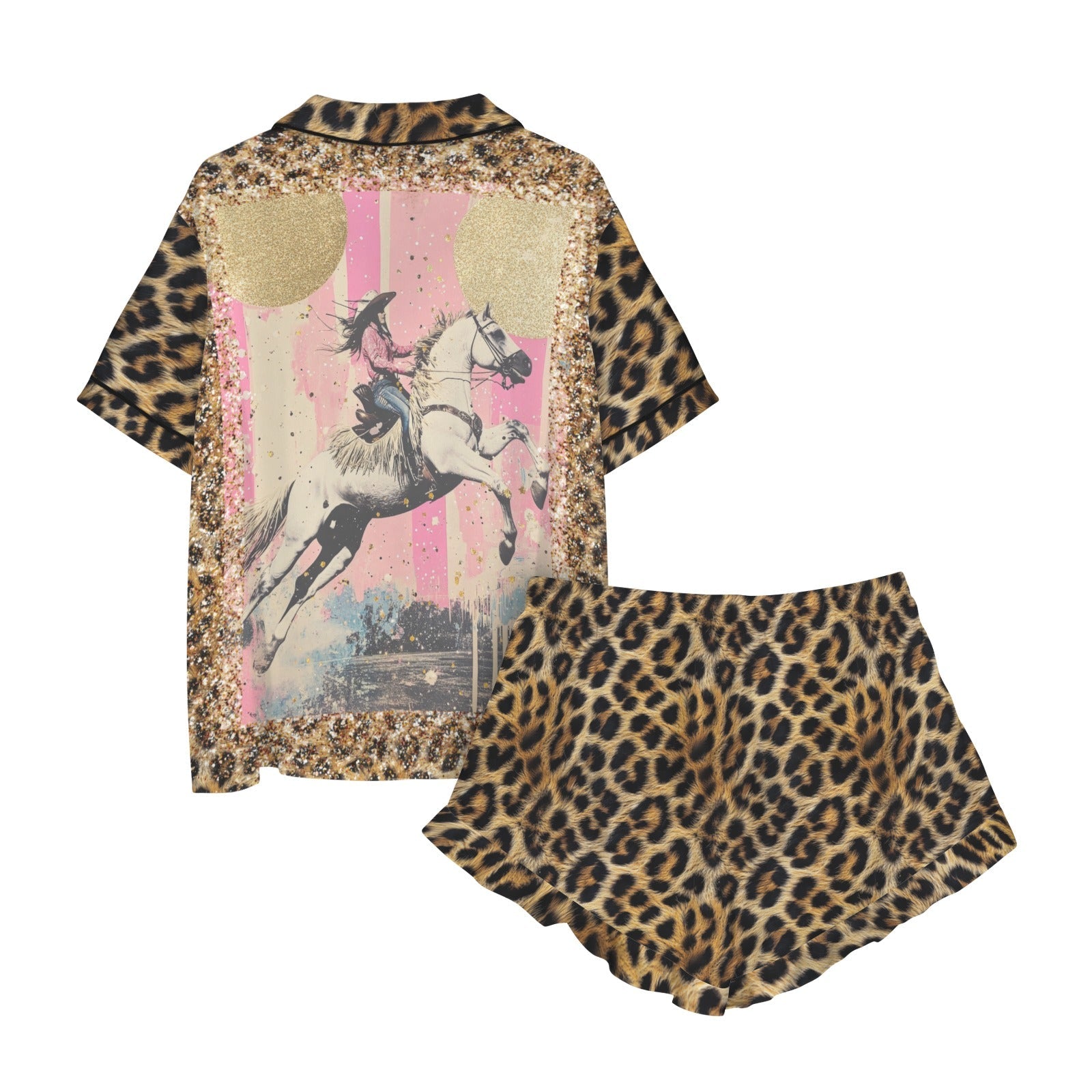 Baha Ranch Retro Pop Western Leopard Cowgirl Satin Pajamas