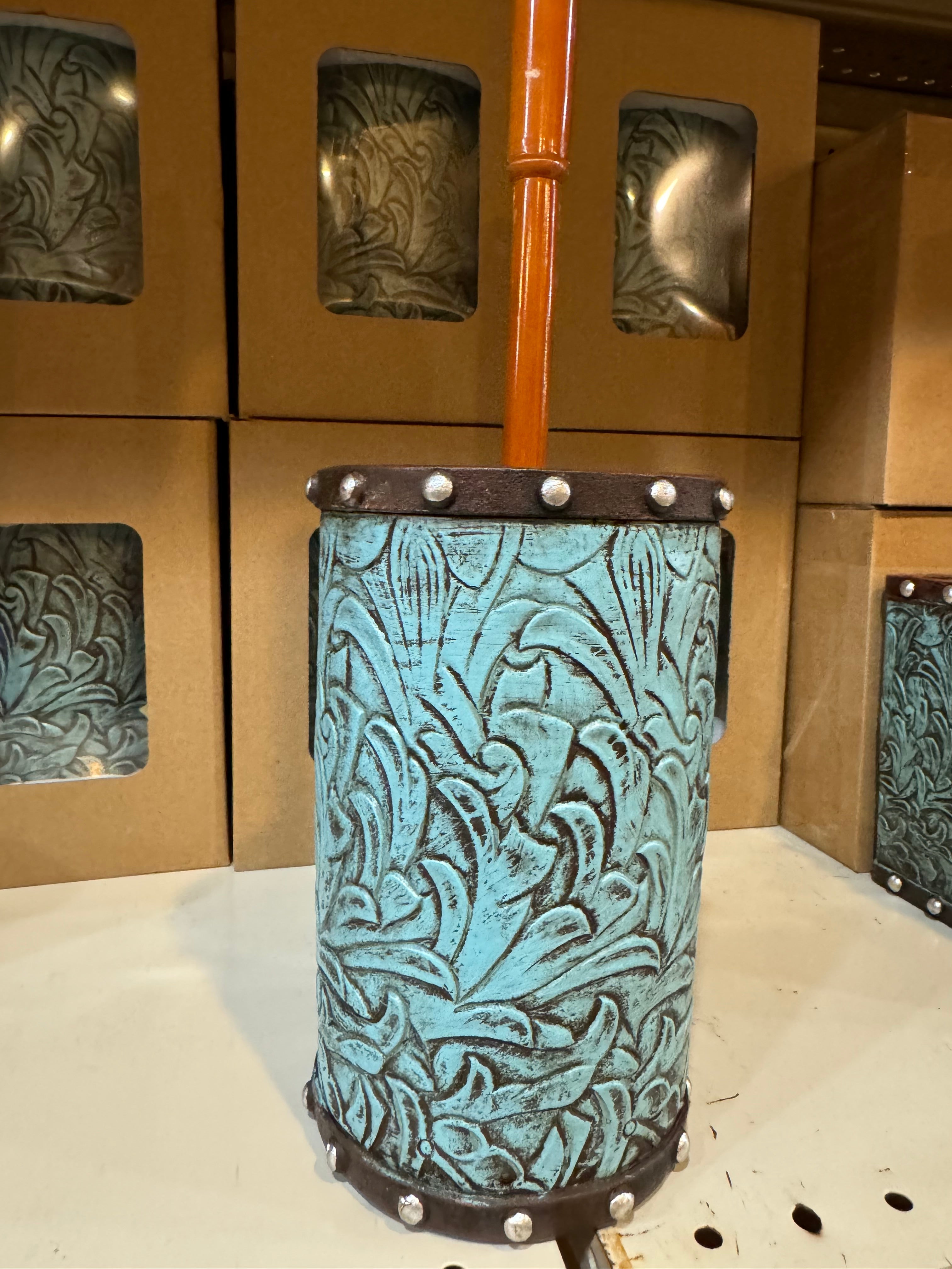Turquoise Tooled Toilet Brush & Holder