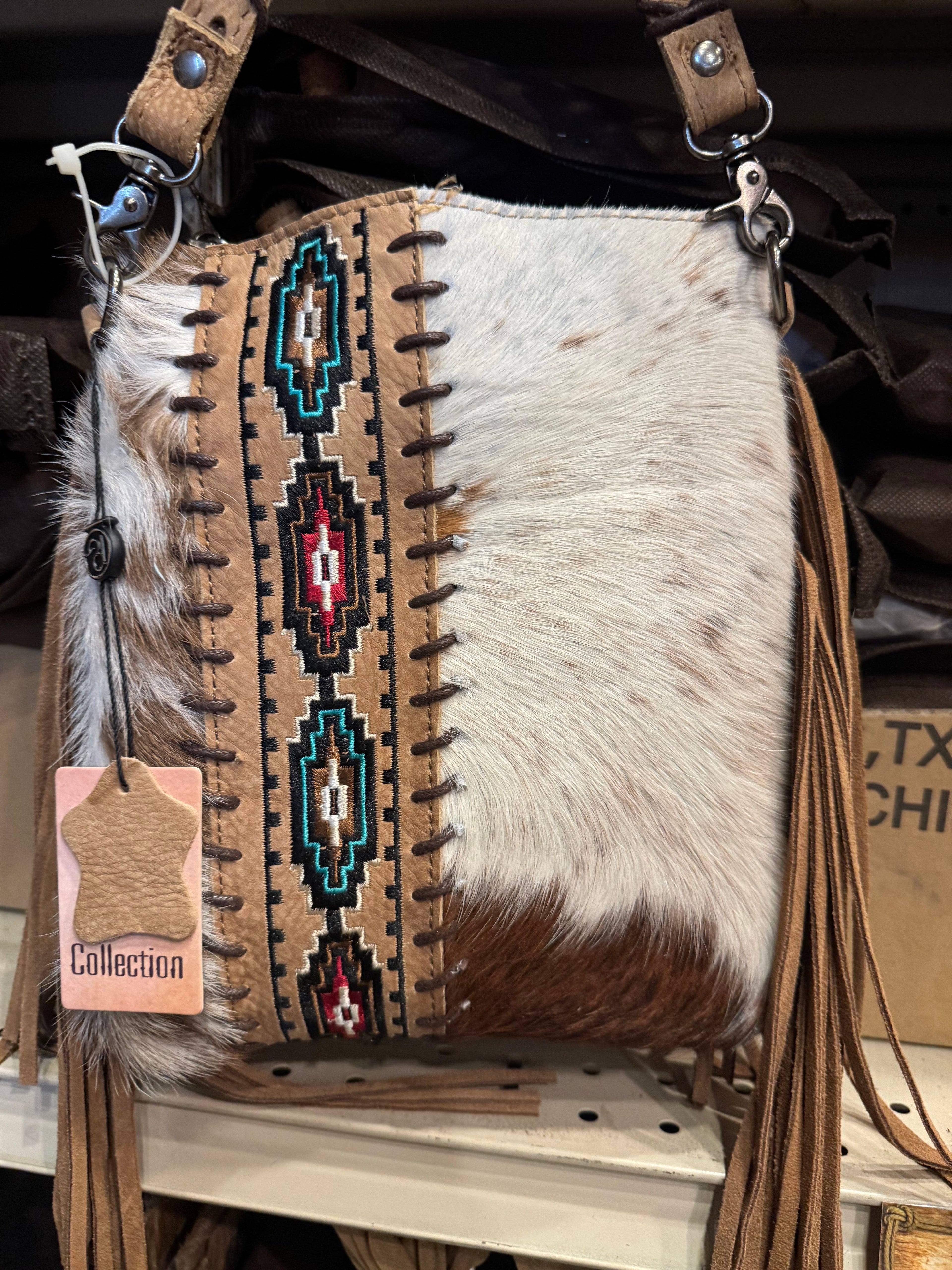 Aztec Diamond Stitched Cowhide Crossbody Purse