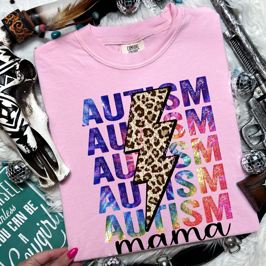 Autism Mama Stacked Leopard Bolt Tshirt