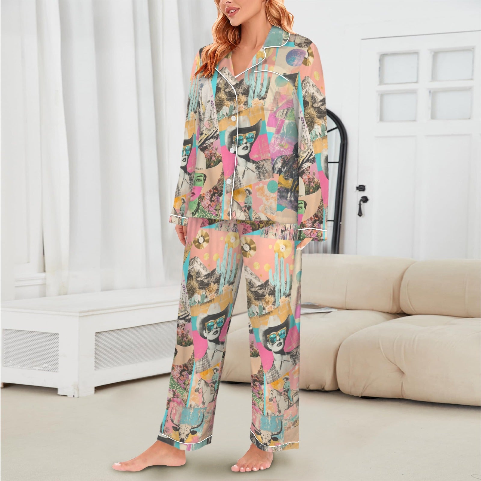 Pop Western Collage Cowgirl Satin Pajamas