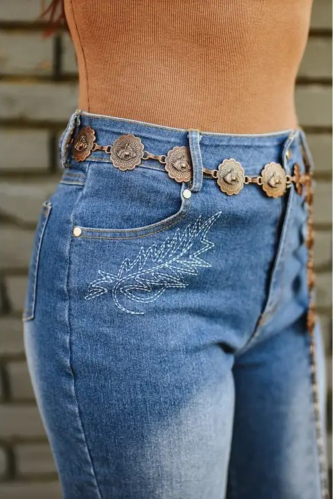 Stone Wash High Rise Boot Stitch Embroidered Flare Jeans