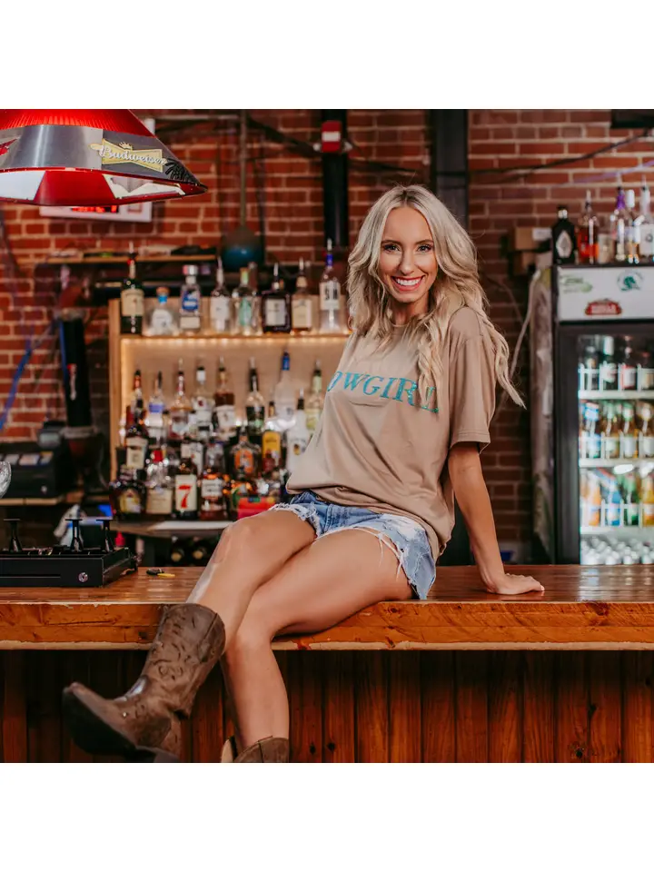 Cowgirl Sequin Embroidered Tee - Tan