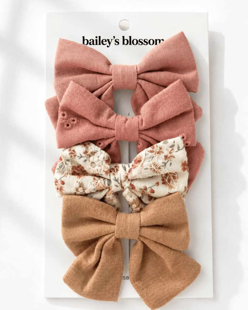 4-Piece Bow Clip Set - Cottage Rose