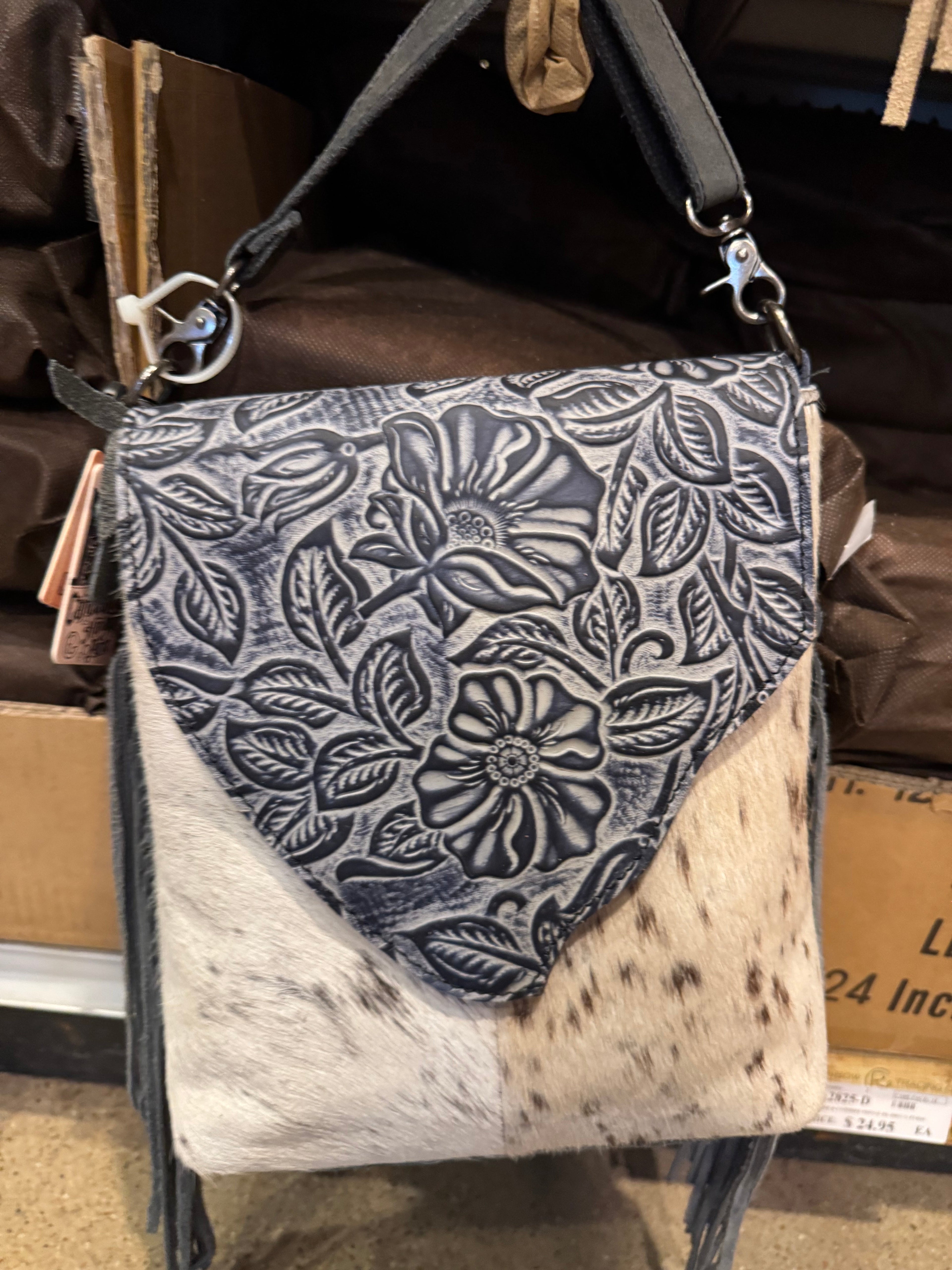 BA2825 Tooled Floral Flap Cowhide Crossbody Purse