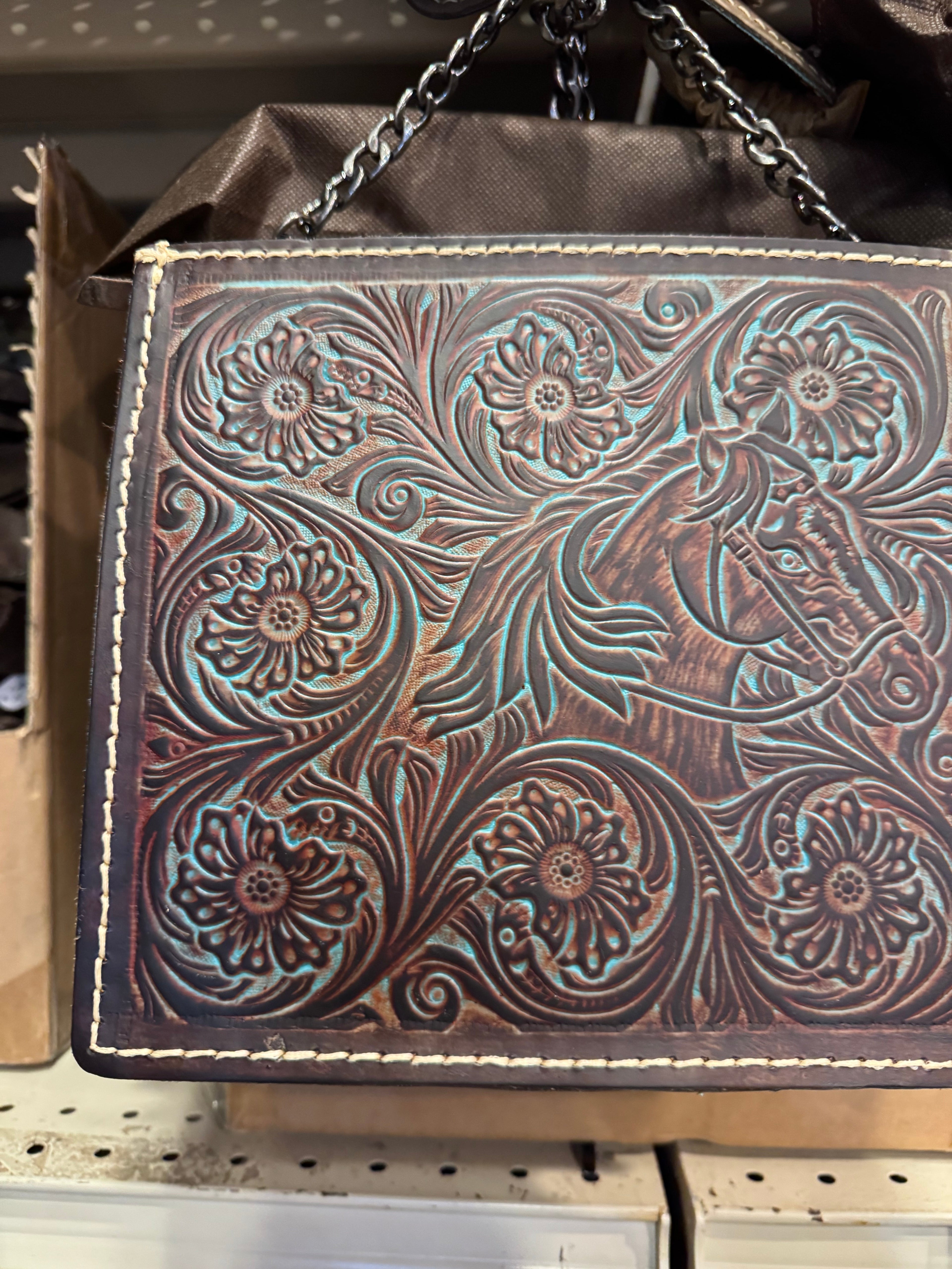 Tooled Horse Chain Crossbody Purse