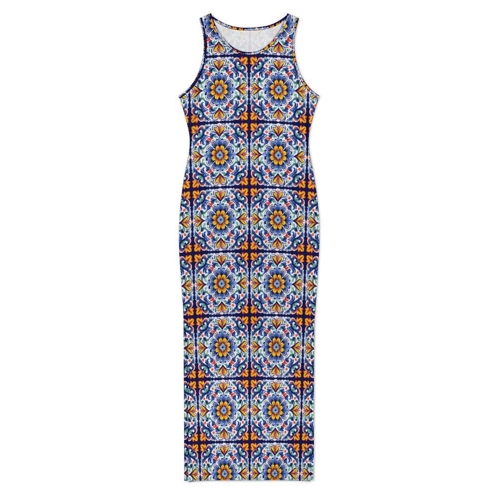 Baha Ranch Colores de Mexico Talavera Sleeveless Bodycon Side Slit Long Dress