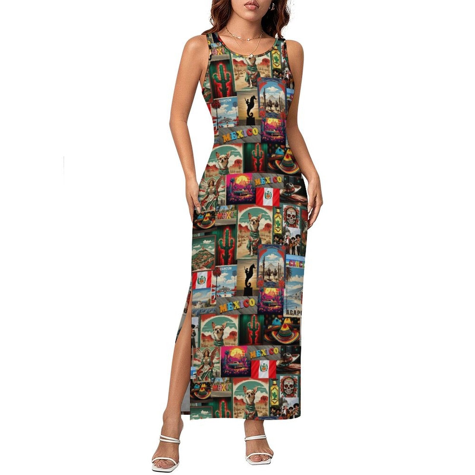 Baha Ranch Colores De Mexico Destination Mexico Sleeveless Bodycon Side Slit Long Dress