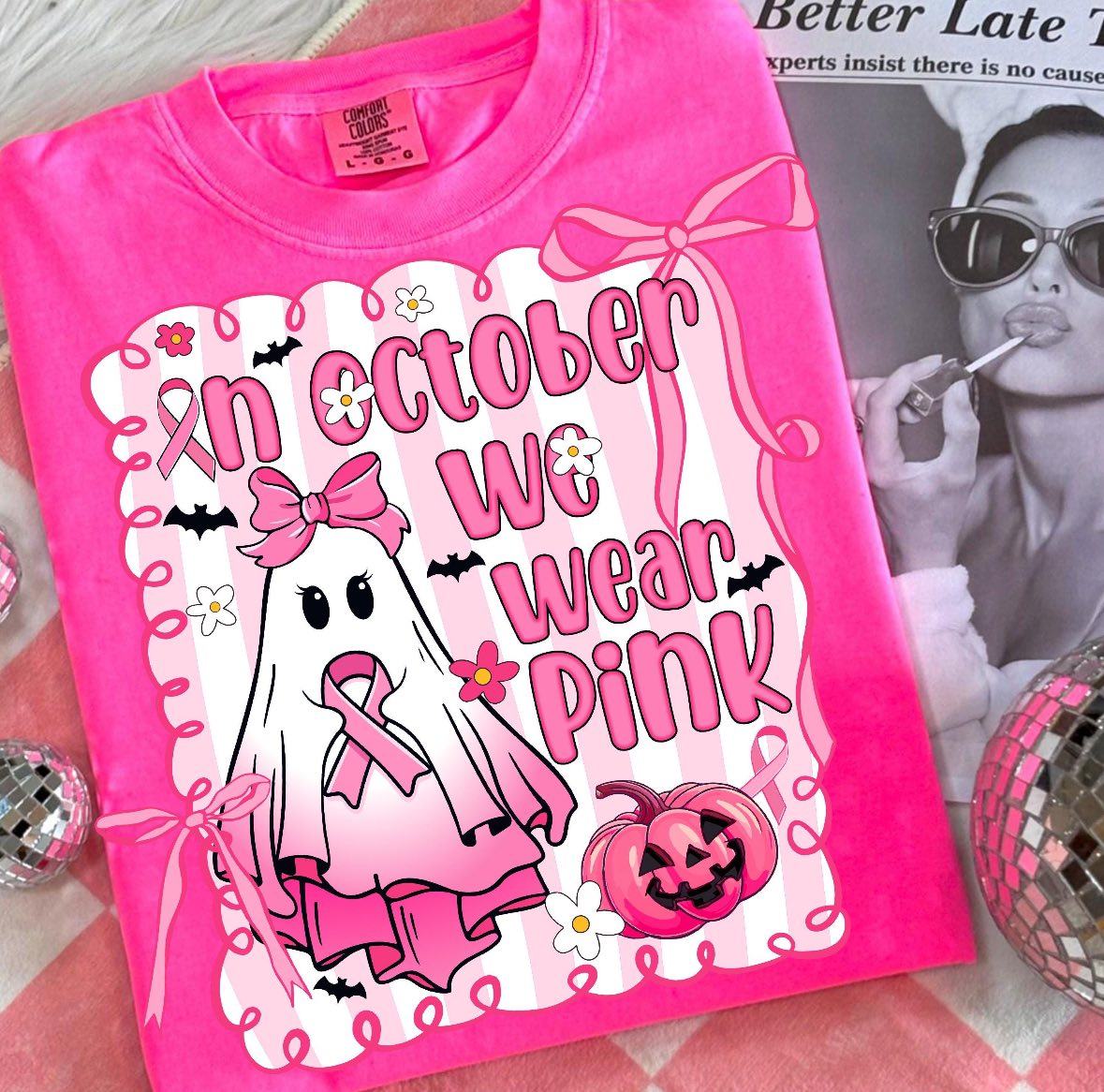 In October we wear pink ghost with bow & stripes Tee or Sweatshirt