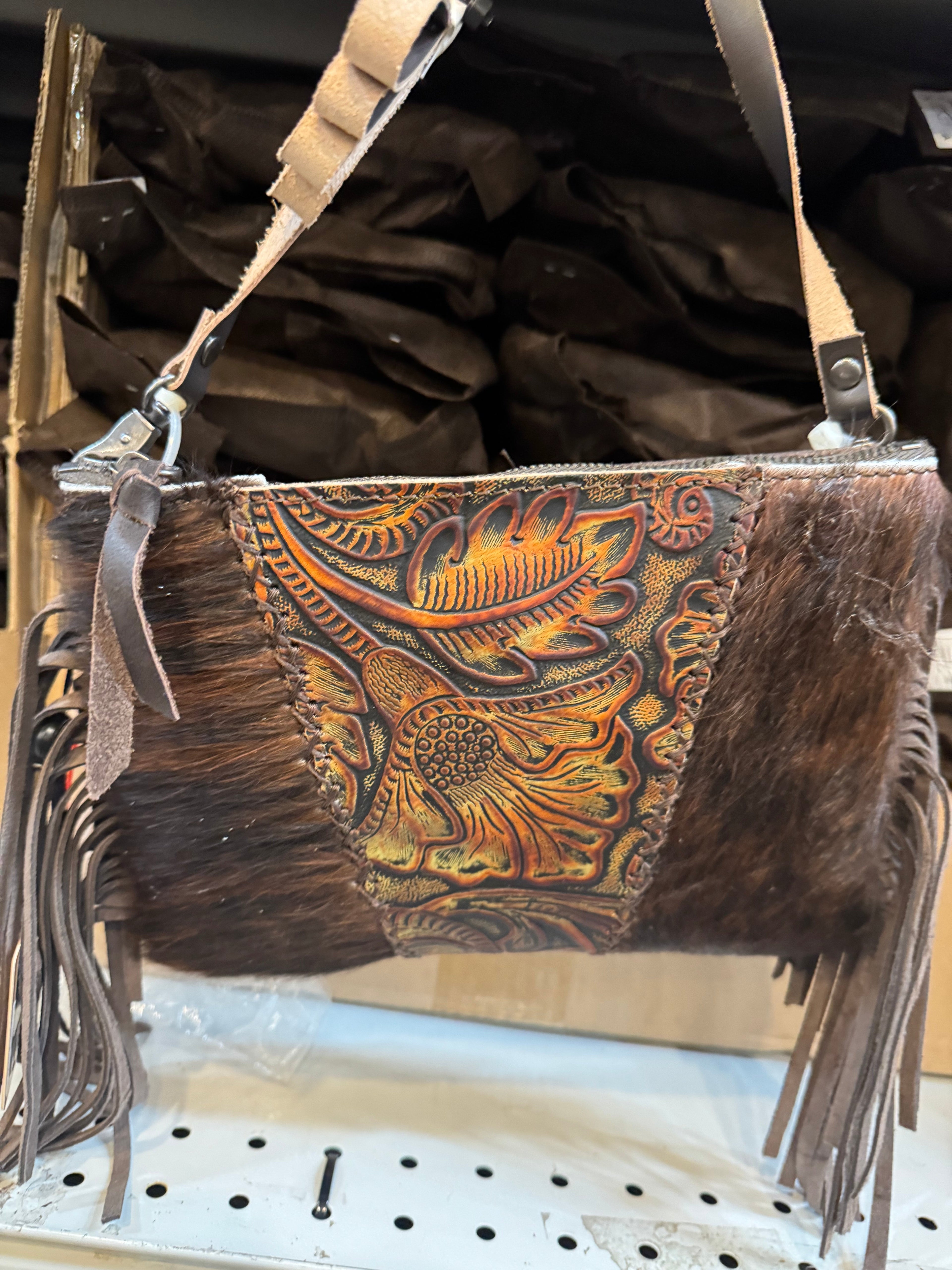 Tooled Floral Fringe Crossbody Purse