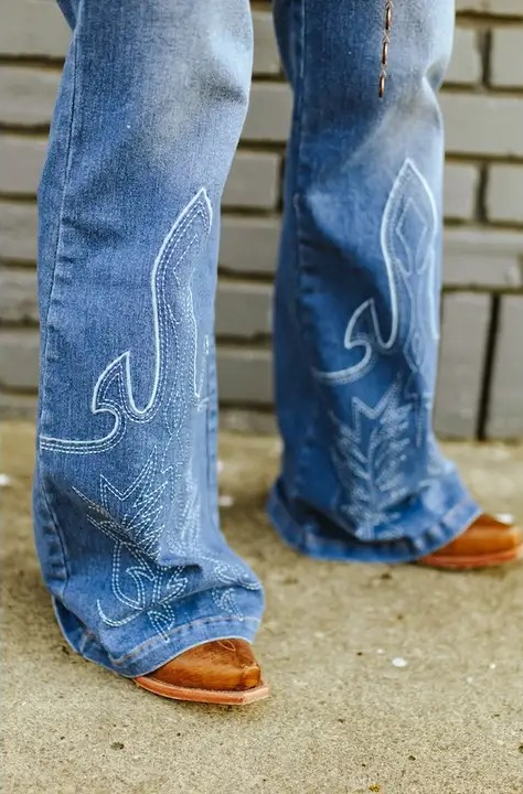 Stone Wash High Rise Boot Stitch Embroidered Flare Jeans