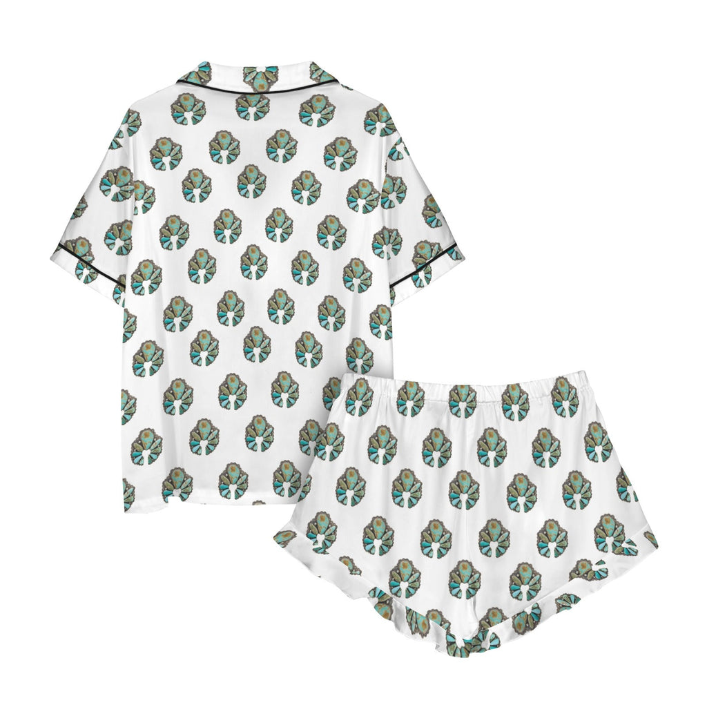 Turquoise Squash Blossom Satin Ruffle Pajama Set