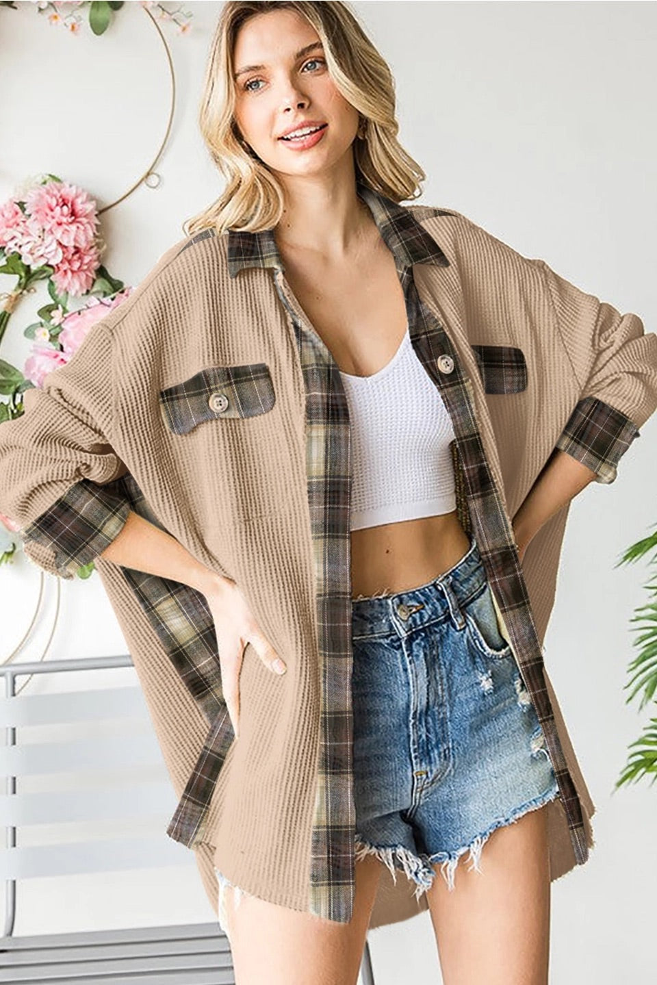 Plaid Patchwork Waffle Thermal Kit Shacket