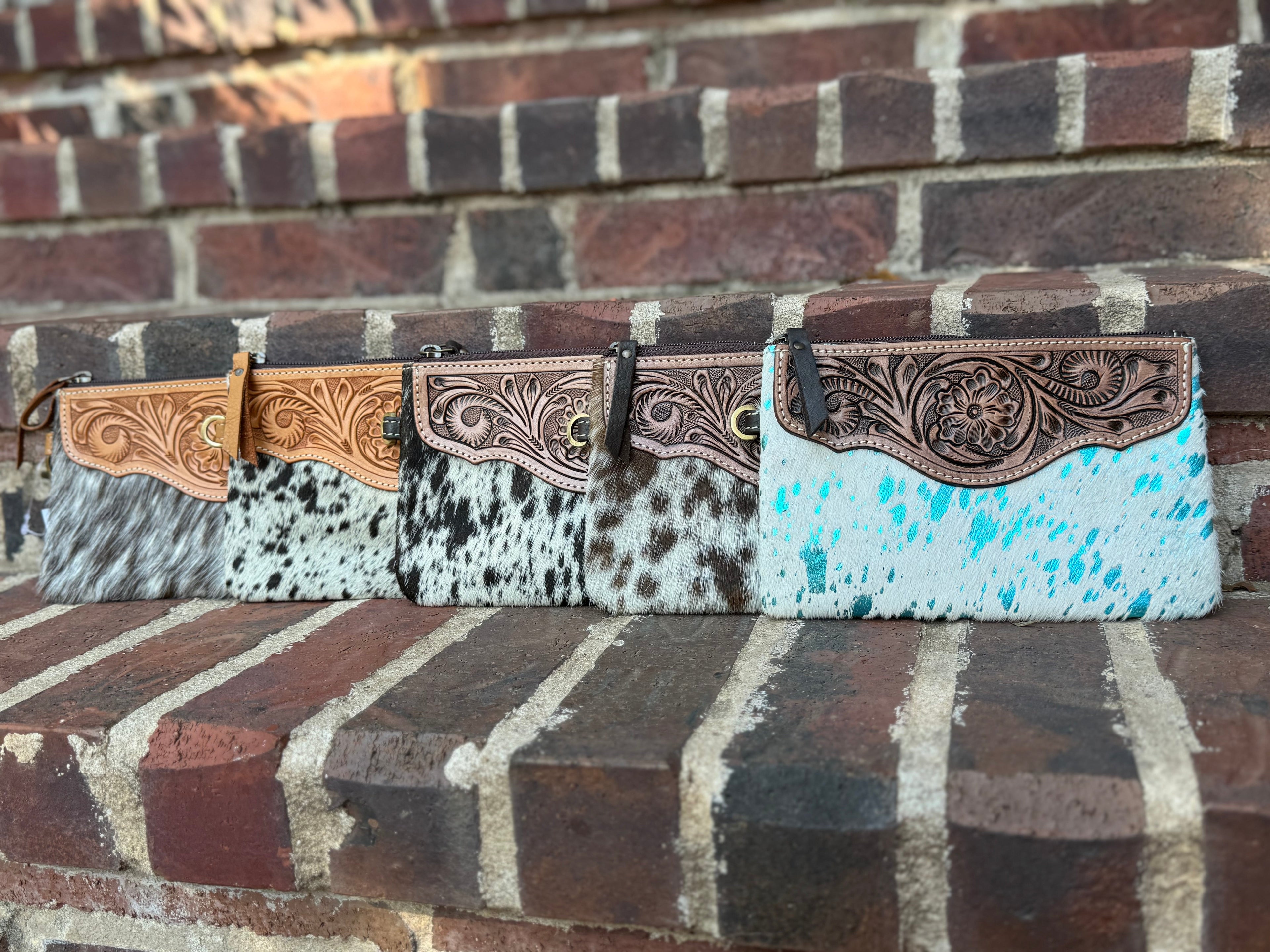 Cowhide & Tooled Leather Wristlet