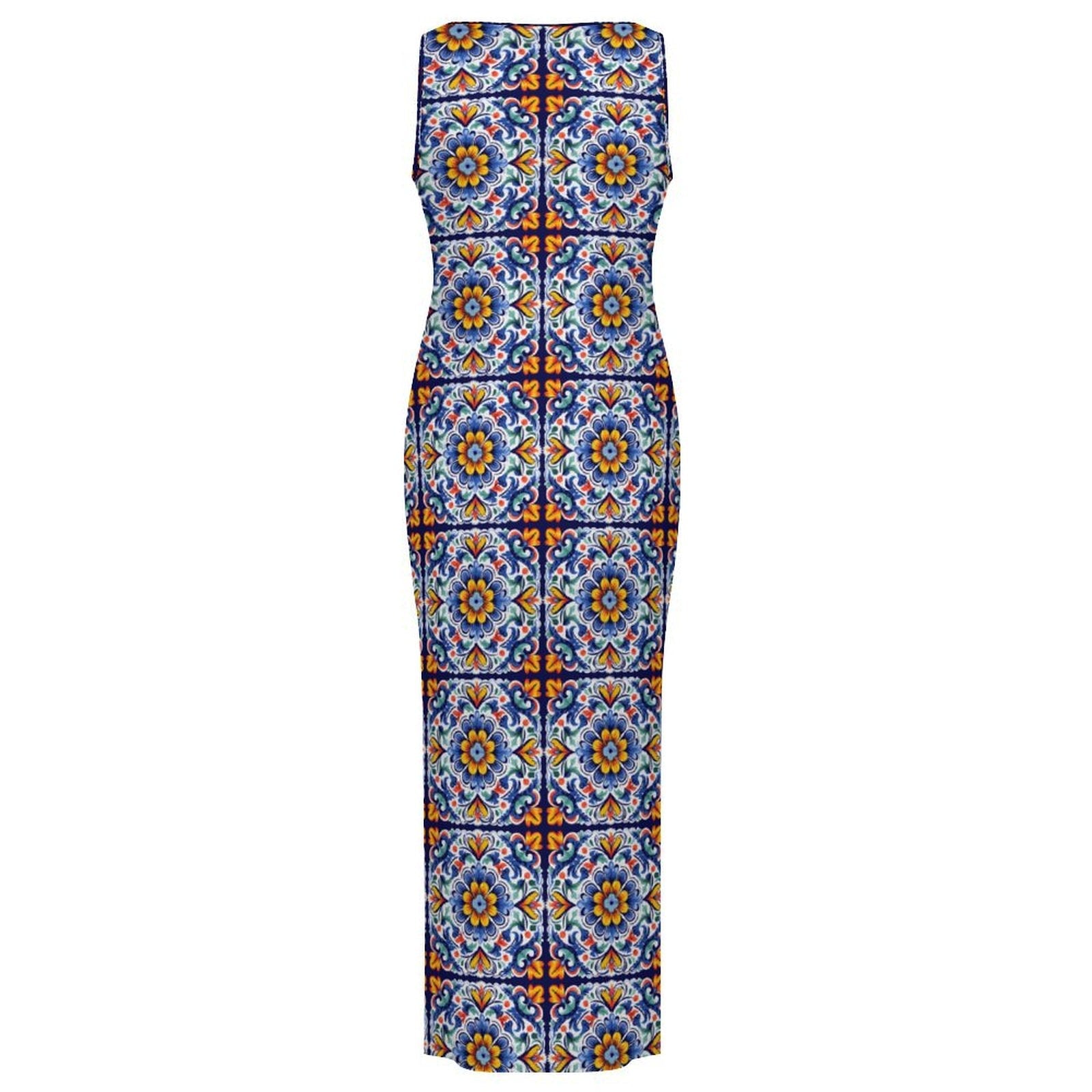 Baha Ranch Colores de Mexico Talavera Sleeveless Bodycon Side Slit Long Dress