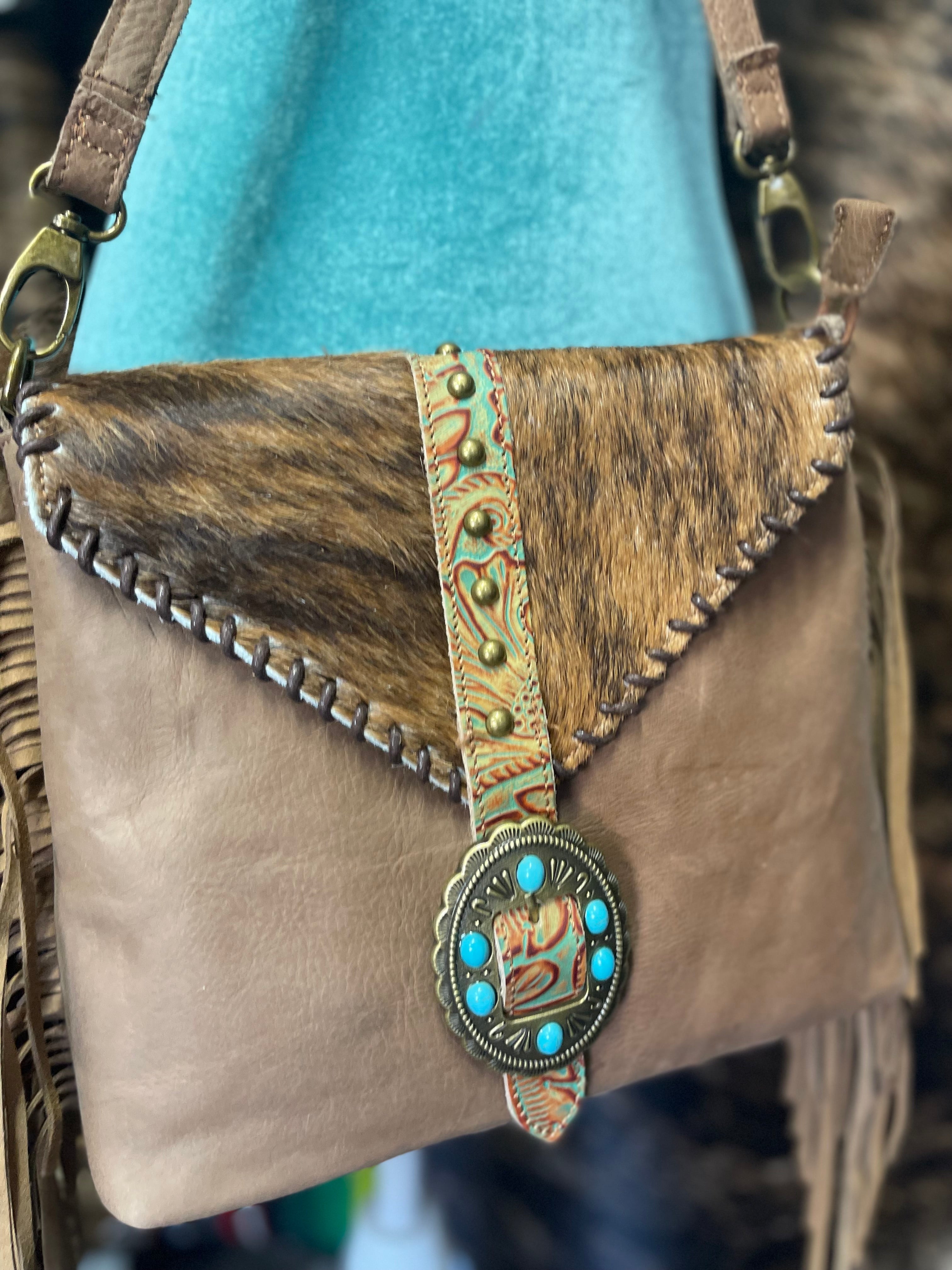 Turquoise Stone Cowhide Tooled Crossbody Purse