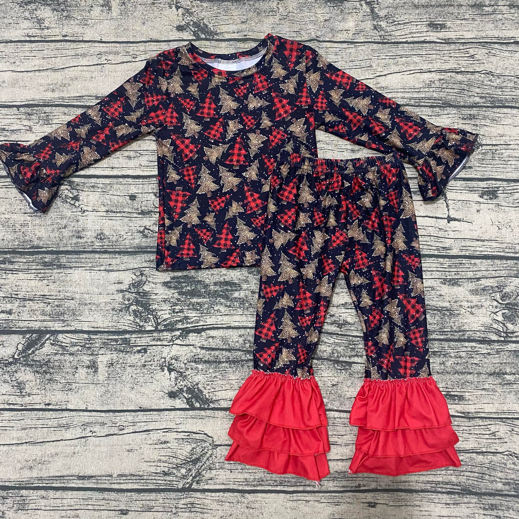 Buffalo Plaid trio trees two piece ruffle set