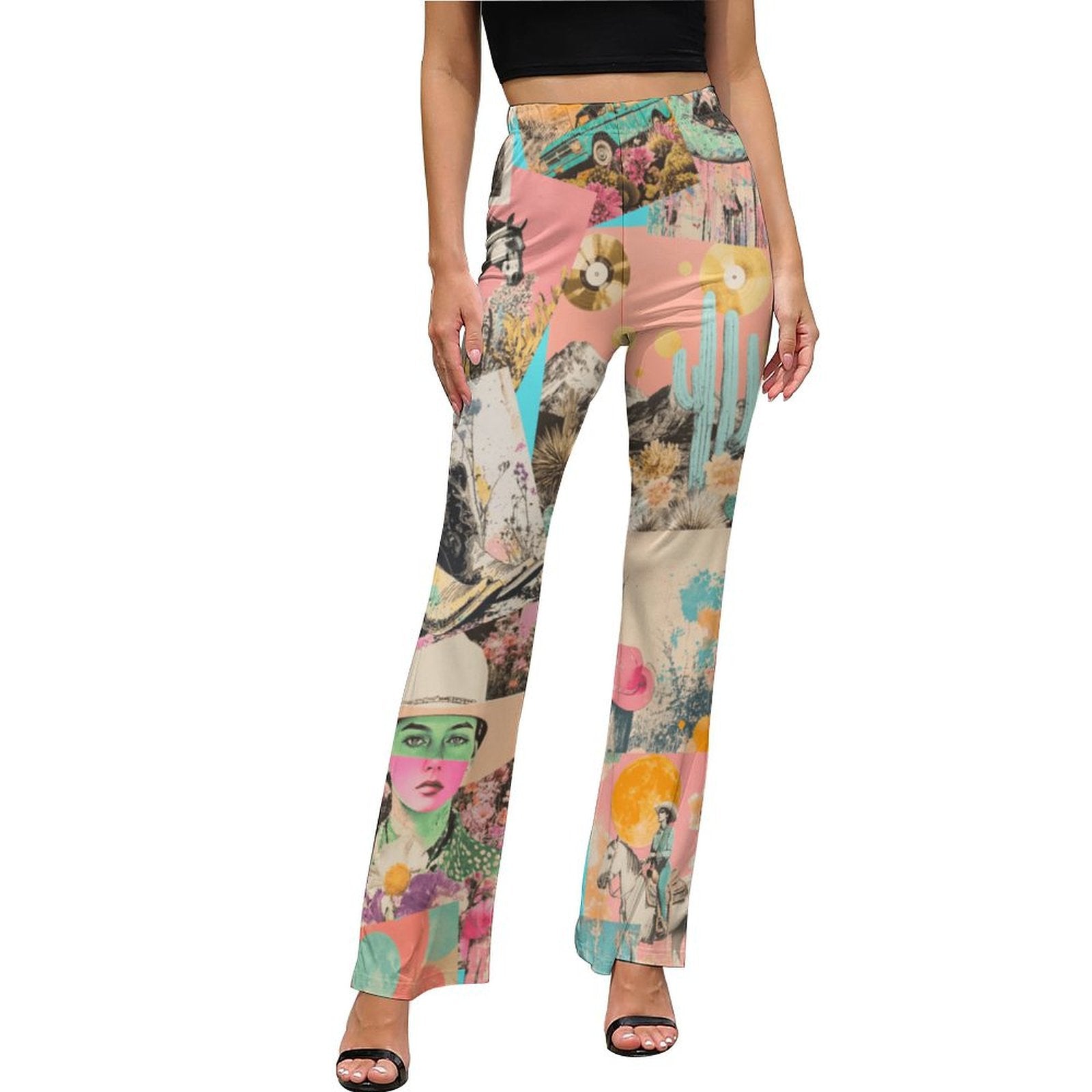 Baha Ranch Retro Pop Western Collage Flare Pants