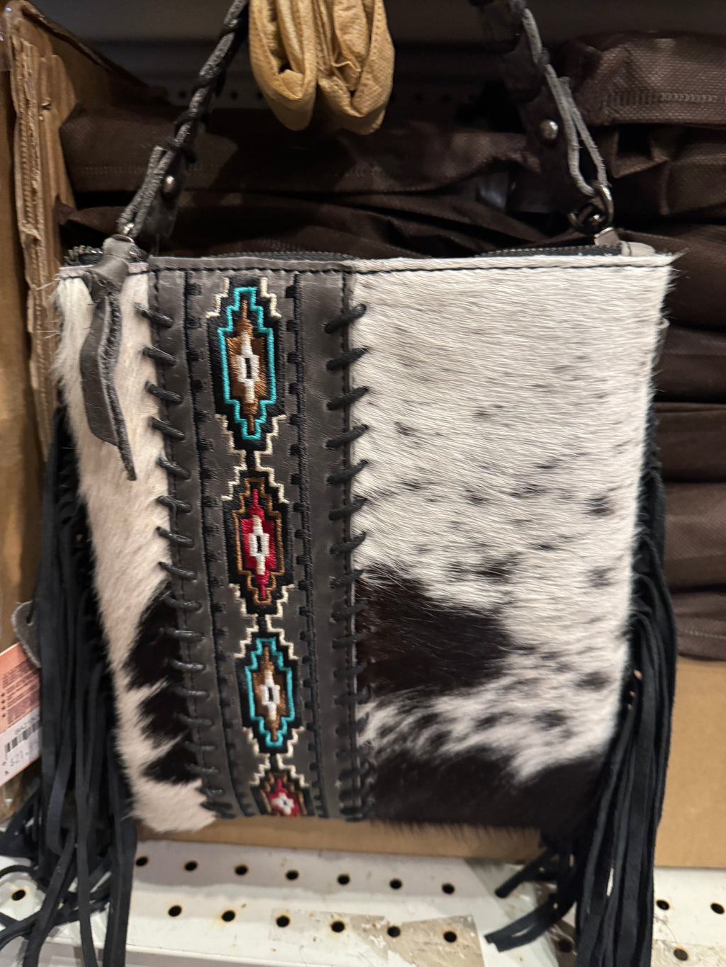 Aztec Diamond Stitched Cowhide Crossbody Purse